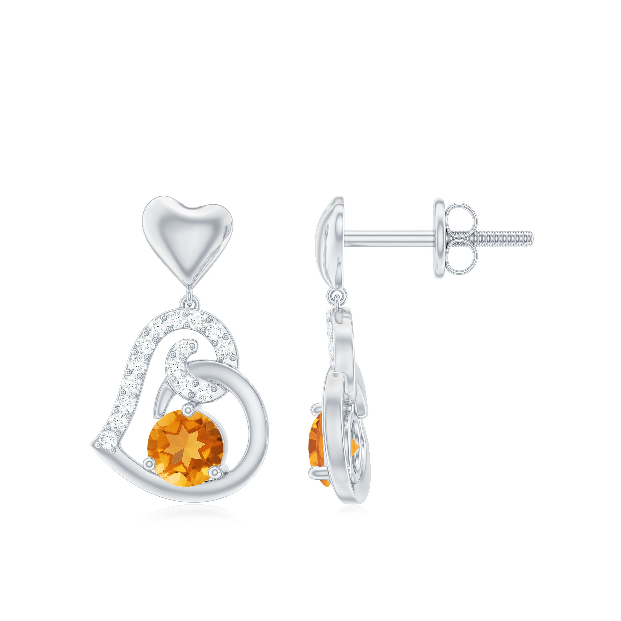 Round Citrine and Moissanite Accent Heart Drop Earring Citrine - ( AAA ) - Quality - Rosec Jewels