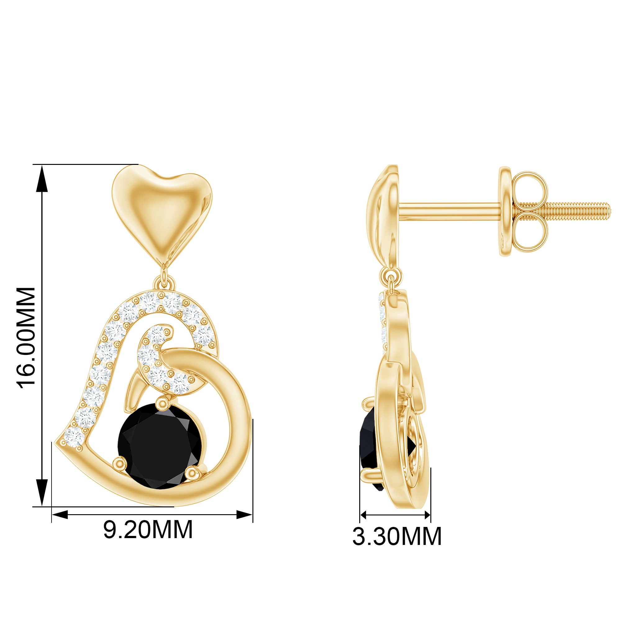 Heart Drop Earring with Black Spinel and Diamond Accent Black Spinel - ( AAA ) - Quality - Rosec Jewels