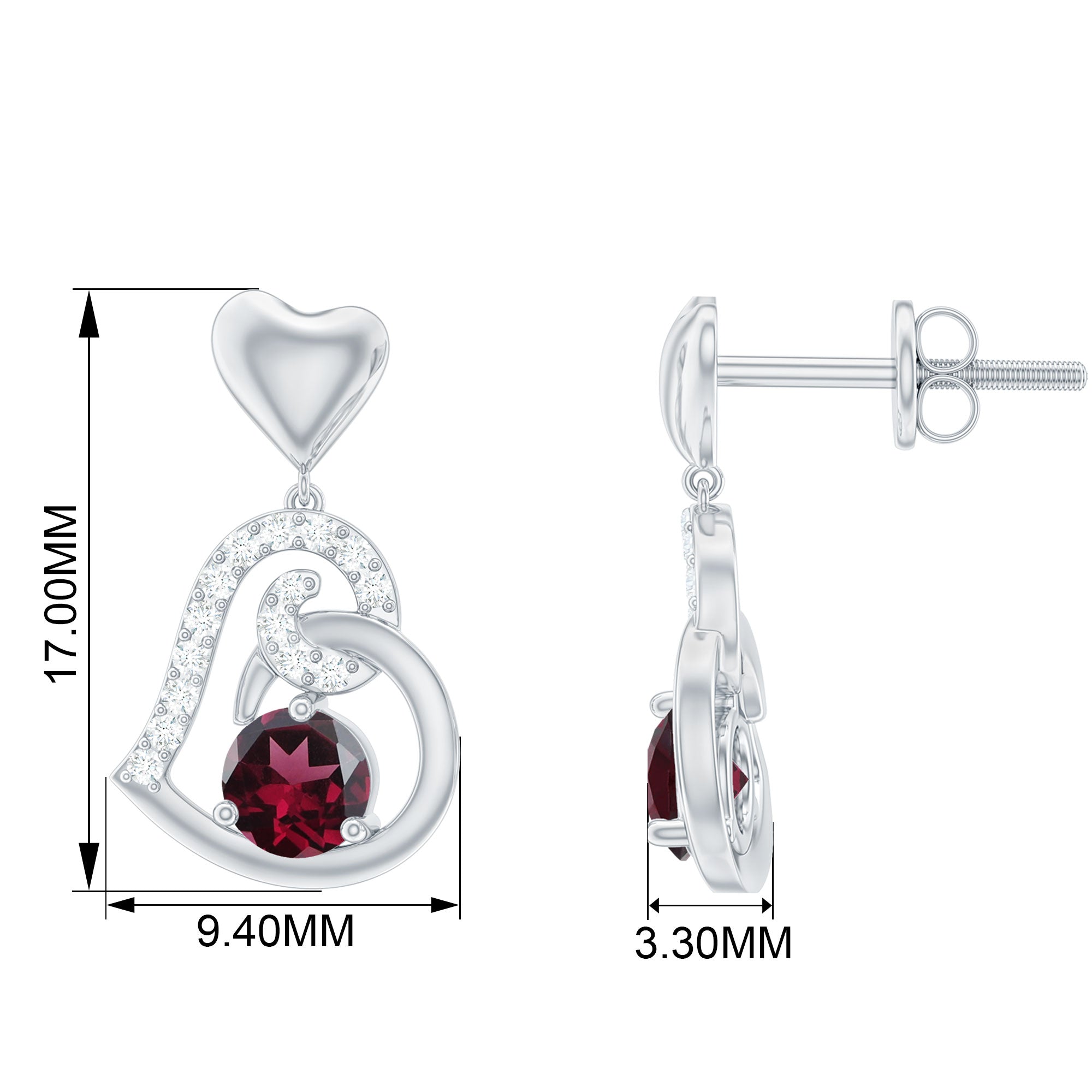 3/4 CT Rhodolite and Diamond Heart Drop Earrings with Accent Rhodolite - ( AAA ) - Quality - Rosec Jewels