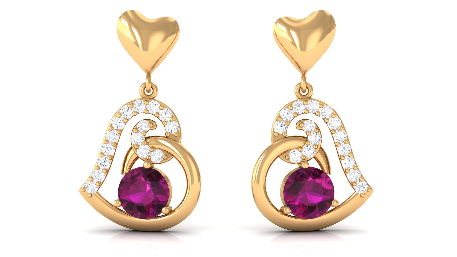 3/4 CT Rhodolite and Diamond Heart Drop Earrings with Accent Rhodolite - ( AAA ) - Quality - Rosec Jewels