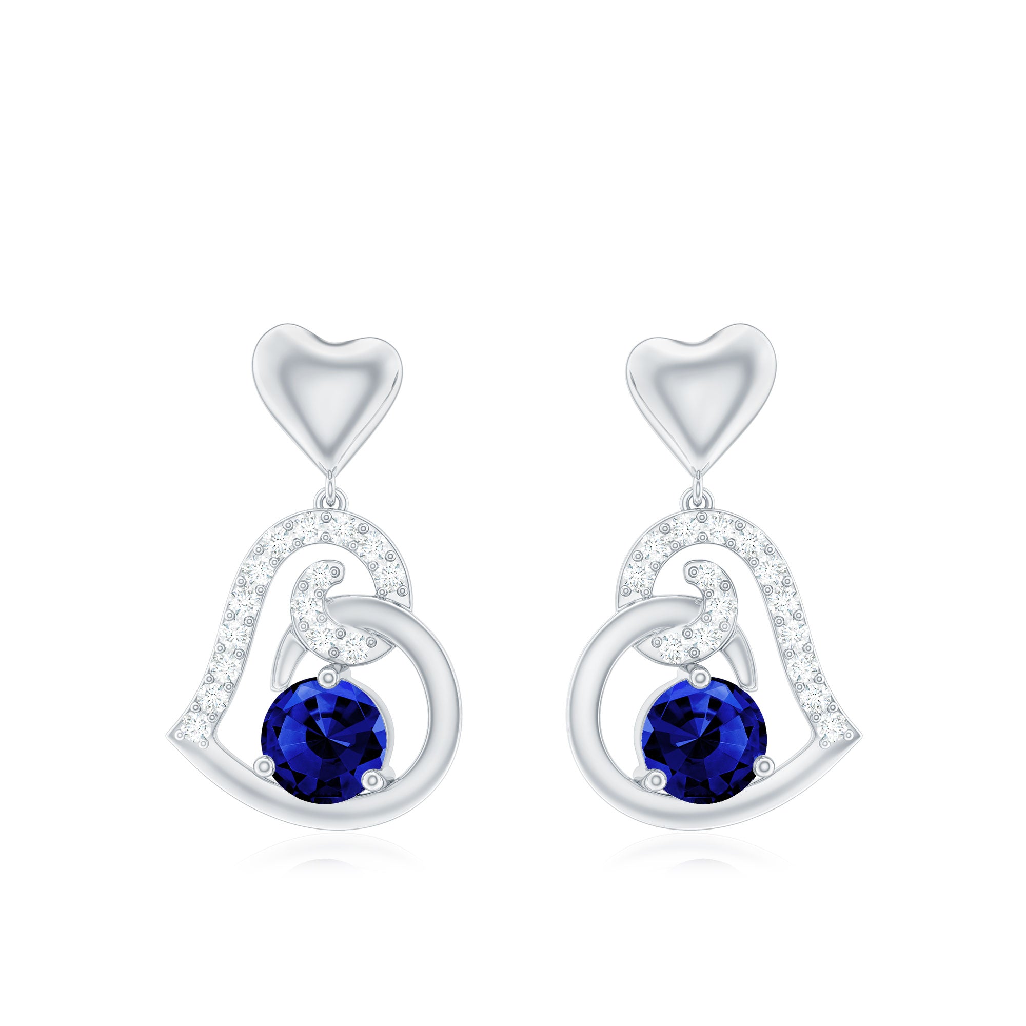 Created Blue Sapphire and Diamond Heart Drop Earrings Lab Created Blue Sapphire - ( AAAA ) - Quality - Rosec Jewels