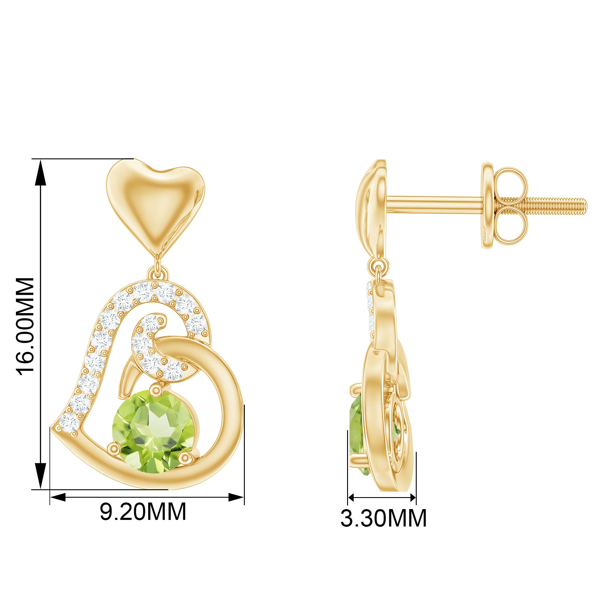 Solitaire Peridot Heart Drop Earrings with Diamond Accent Peridot - ( AAA ) - Quality - Rosec Jewels