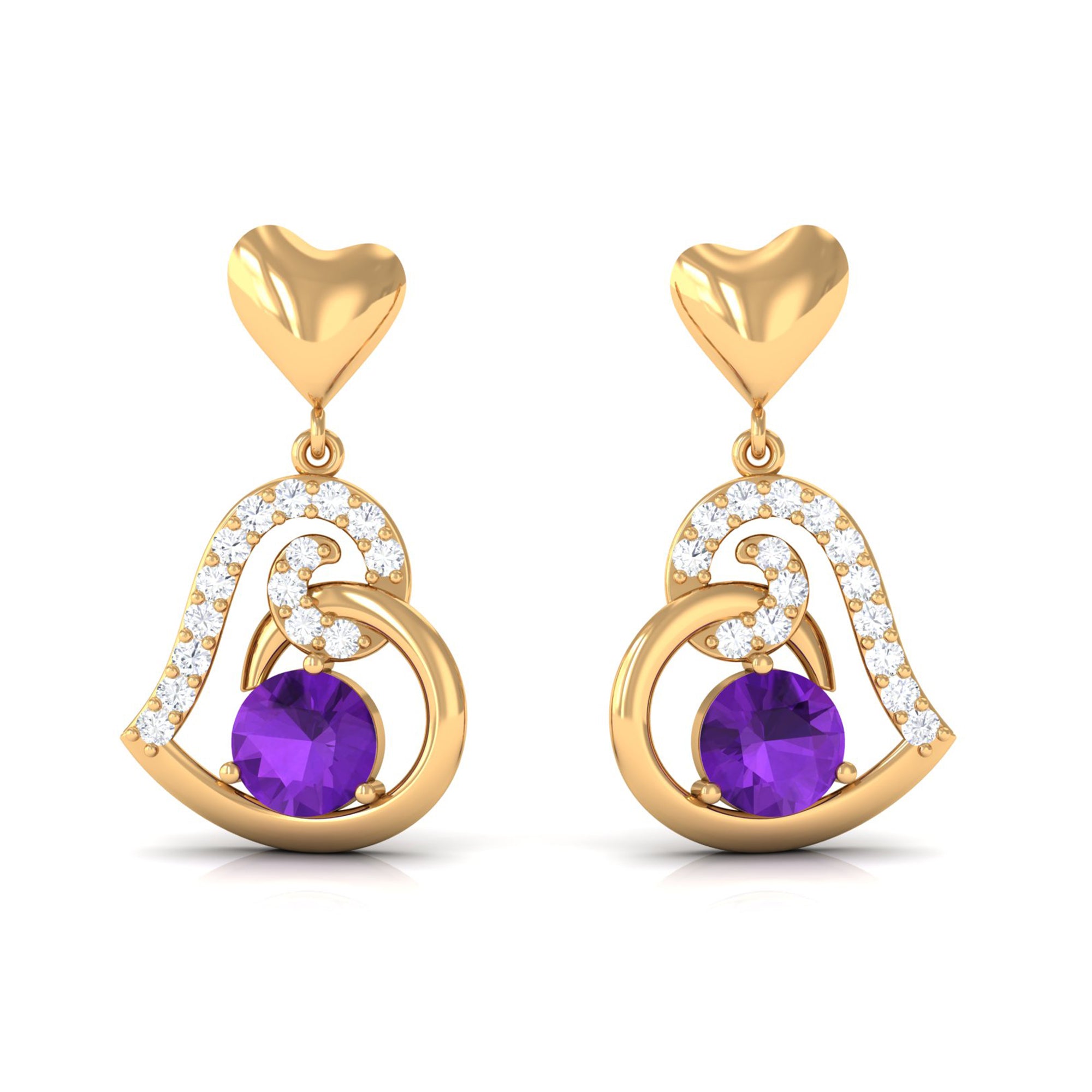 Round Amethyst Heart Drop Earring with Diamond Accent Amethyst - ( AAA ) - Quality - Rosec Jewels