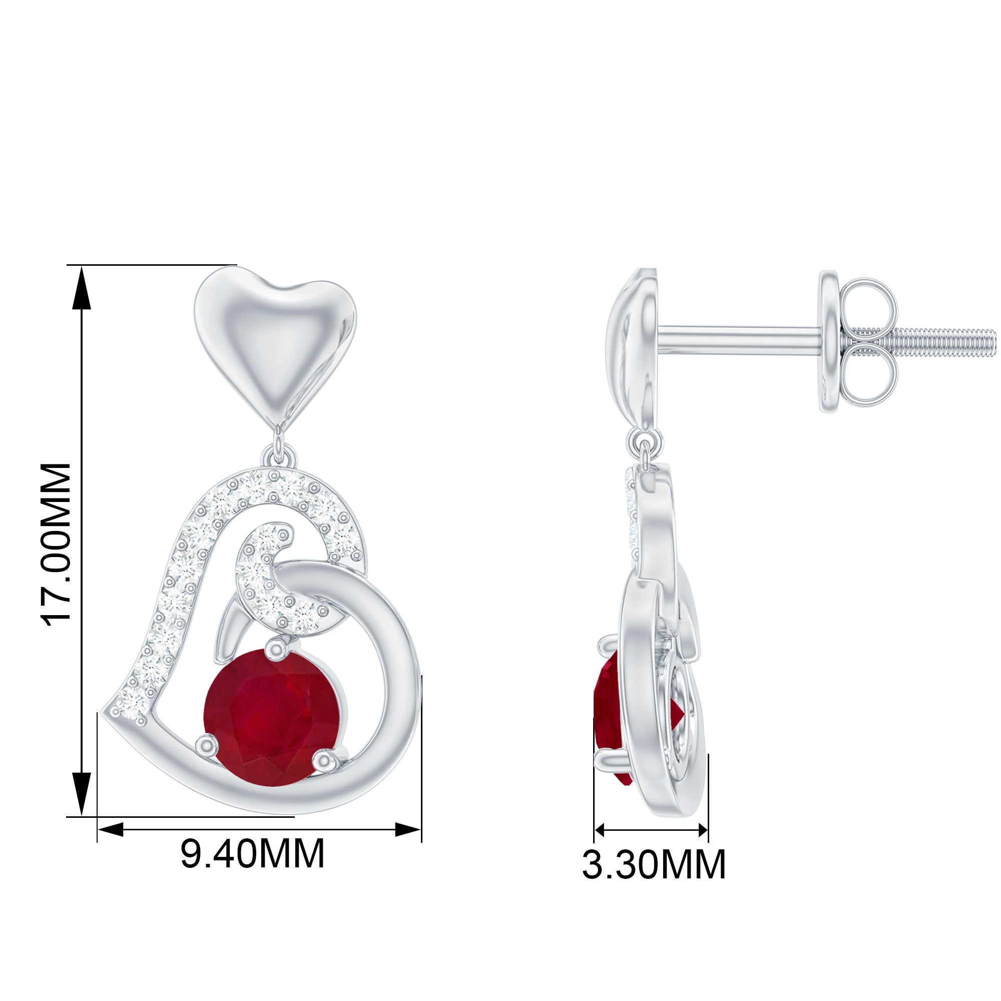 Round Ruby Heart Drop Earring with Diamond Accent Ruby - ( AAA ) - Quality - Rosec Jewels