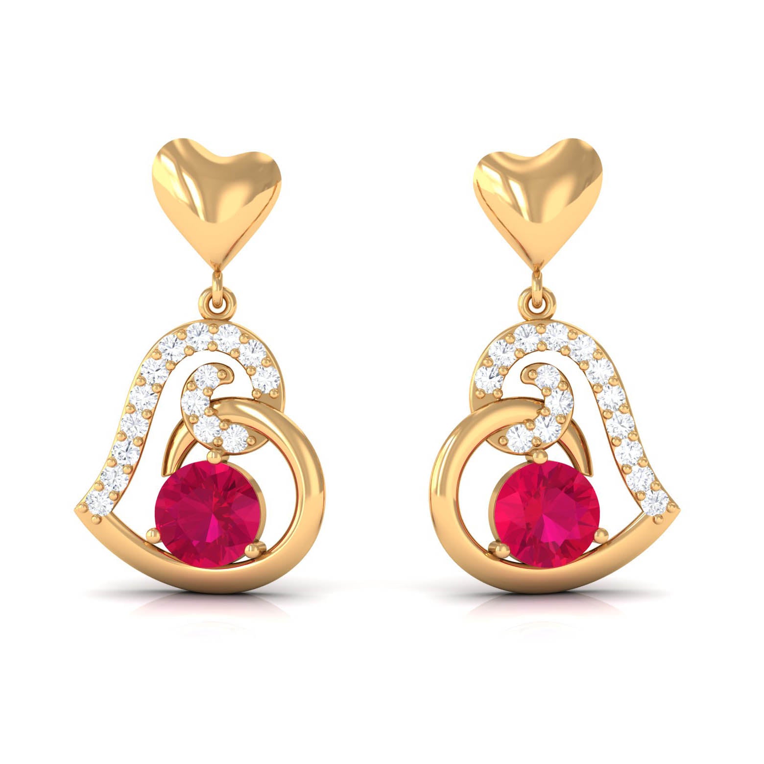 Round Ruby Heart Drop Earring with Diamond Accent Ruby - ( AAA ) - Quality - Rosec Jewels