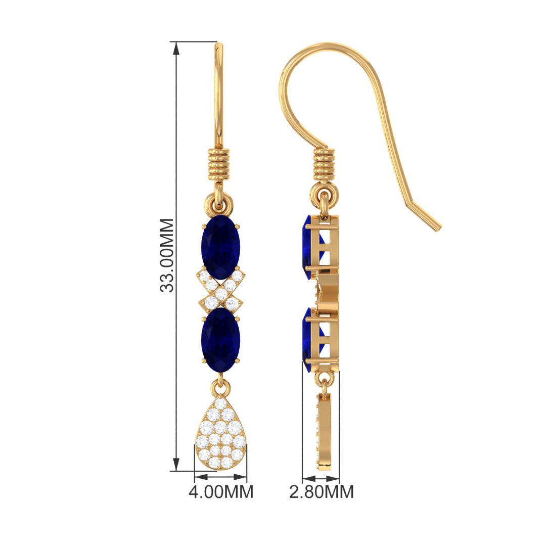 2 CT Oval Cut Blue Sapphire and Diamond Dangle Earrings Blue Sapphire - ( AAA ) - Quality - Rosec Jewels