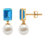 Emerald Cut Swiss Blue Topaz and Freshwater Pearl Drop Earrings Freshwater Pearl - ( AAA ) - Quality - Rosec Jewels