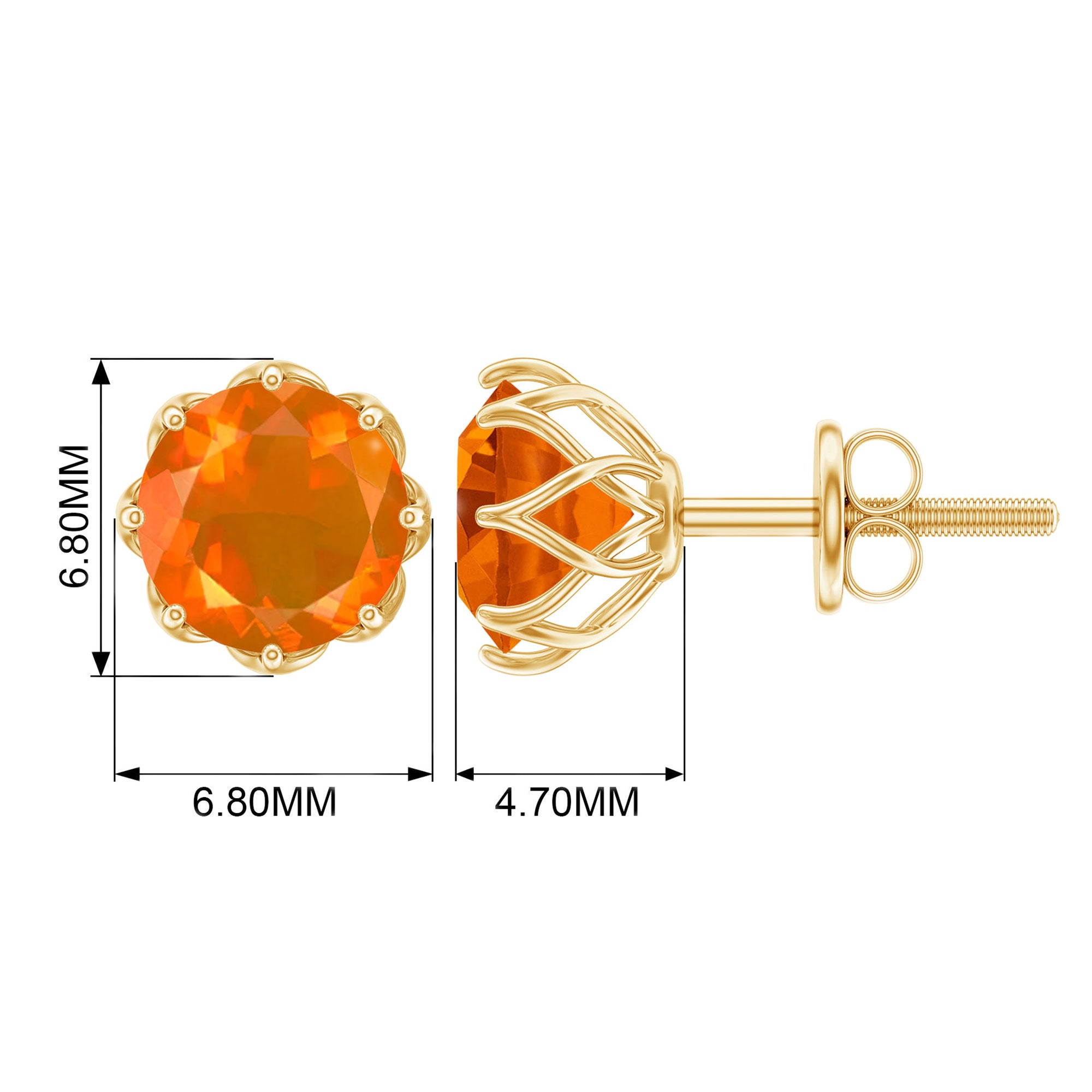 6 MM Decorative Fire Opal Solitaire Stud Earrings Fire Opal - ( AAA ) - Quality - Rosec Jewels