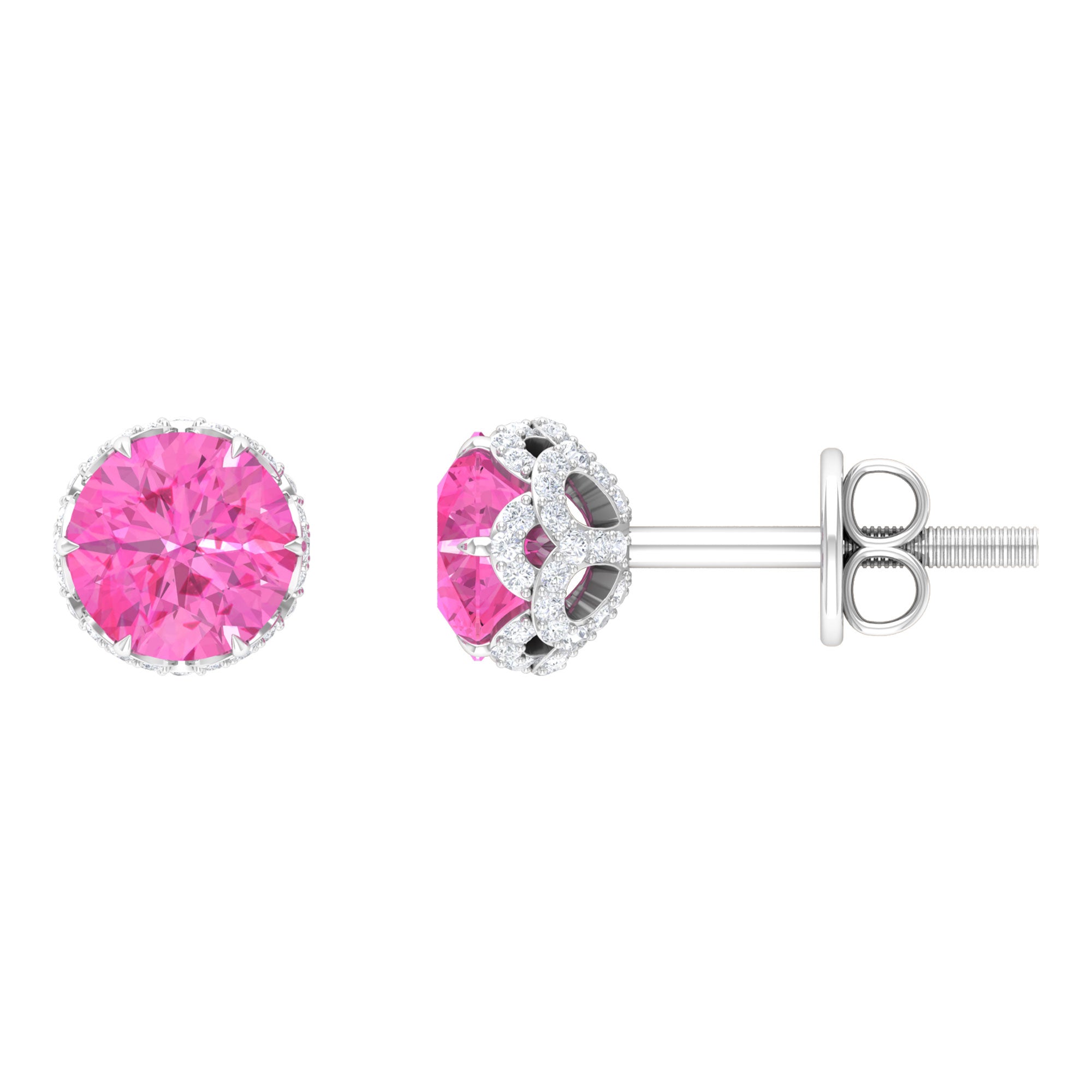 1.5 CT Lotus Basket Set Pink Sapphire Solitaire Floral Stud with Diamond Accent Pink Sapphire - ( AAA ) - Quality - Rosec Jewels