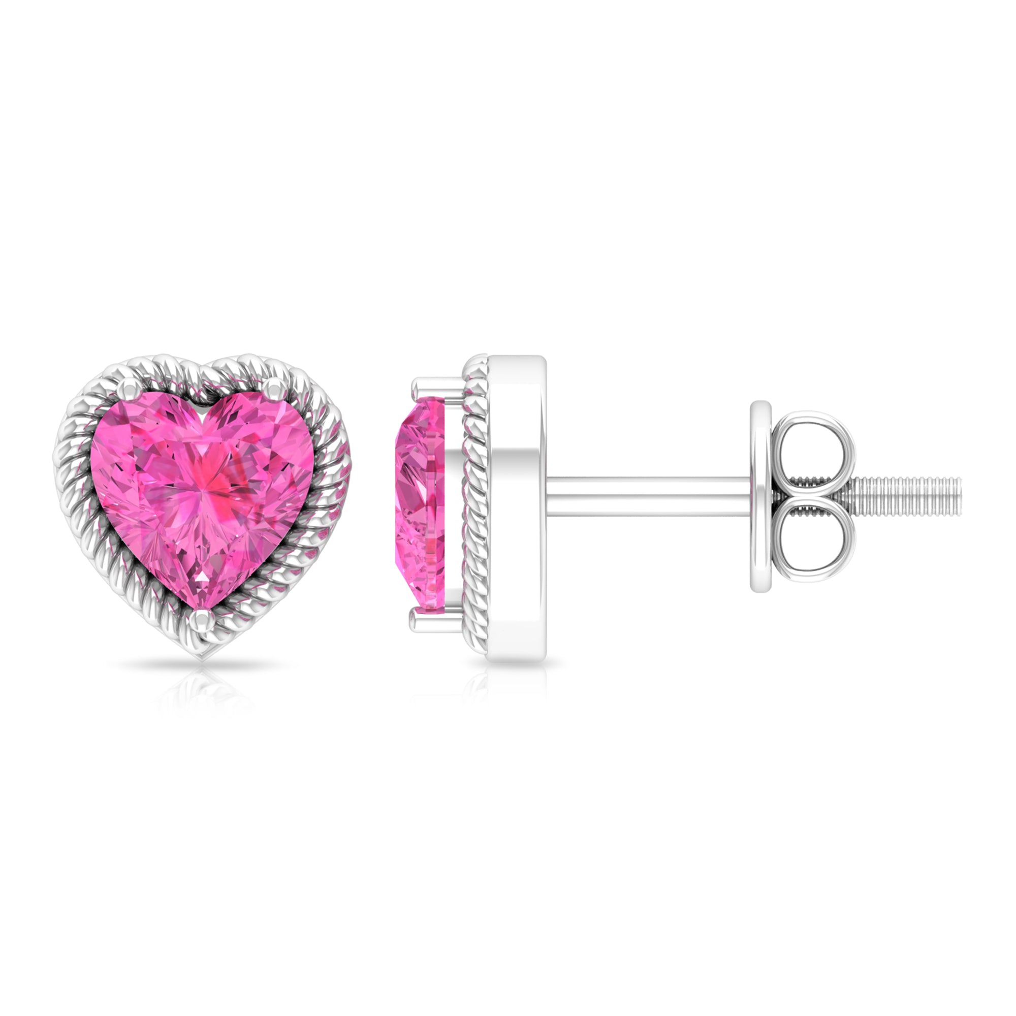 Heart Shape Pink Sapphire Solitaire Stud Earrings in Rope Frame Pink Sapphire - ( AAA ) - Quality - Rosec Jewels