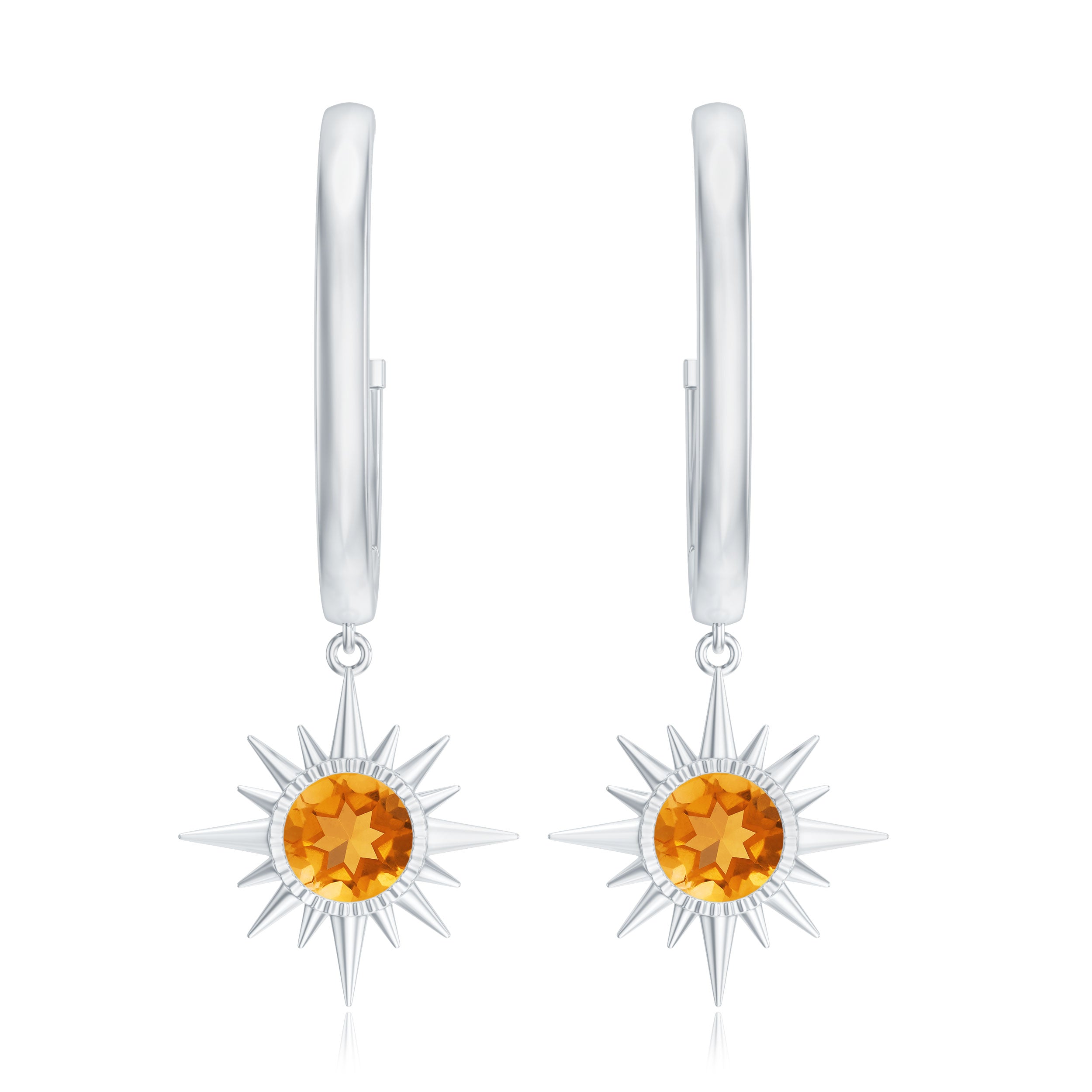 1 CT Round Shape Citrine and Gold Sunburst Hoop Drop Earrings Citrine - ( AAA ) - Quality - Rosec Jewels