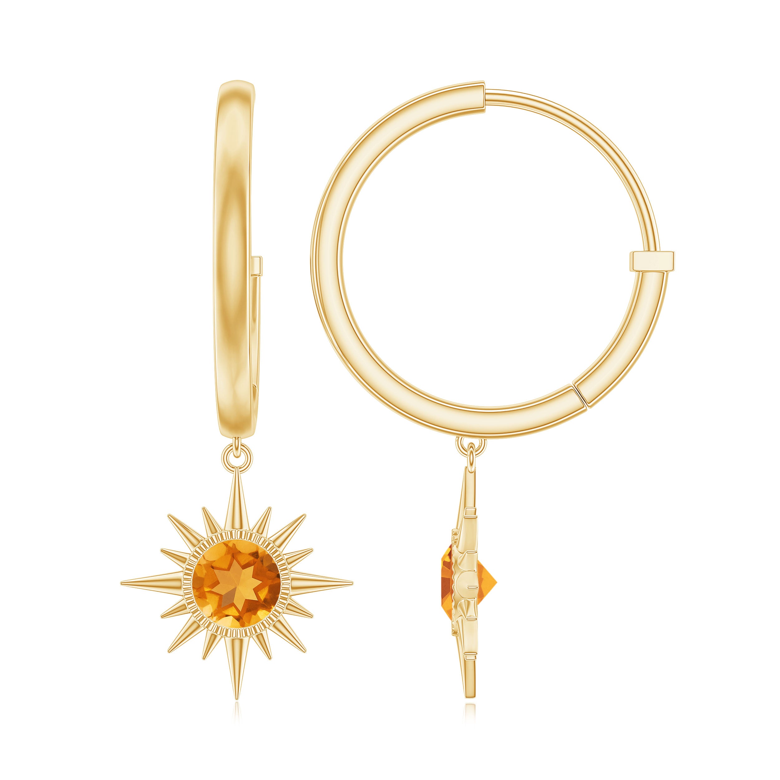 1 CT Round Shape Citrine and Gold Sunburst Hoop Drop Earrings Citrine - ( AAA ) - Quality - Rosec Jewels