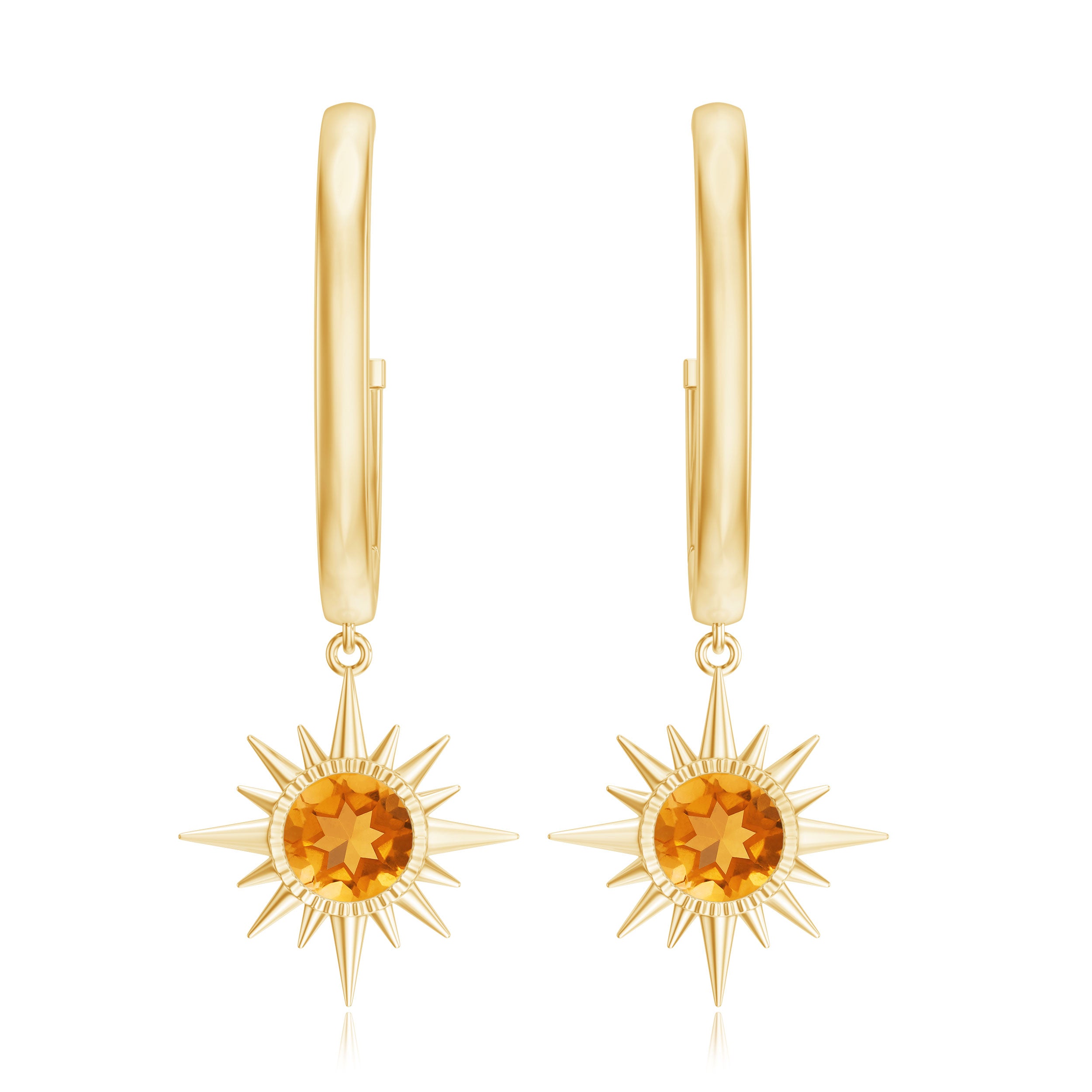 1 CT Round Shape Citrine and Gold Sunburst Hoop Drop Earrings Citrine - ( AAA ) - Quality - Rosec Jewels