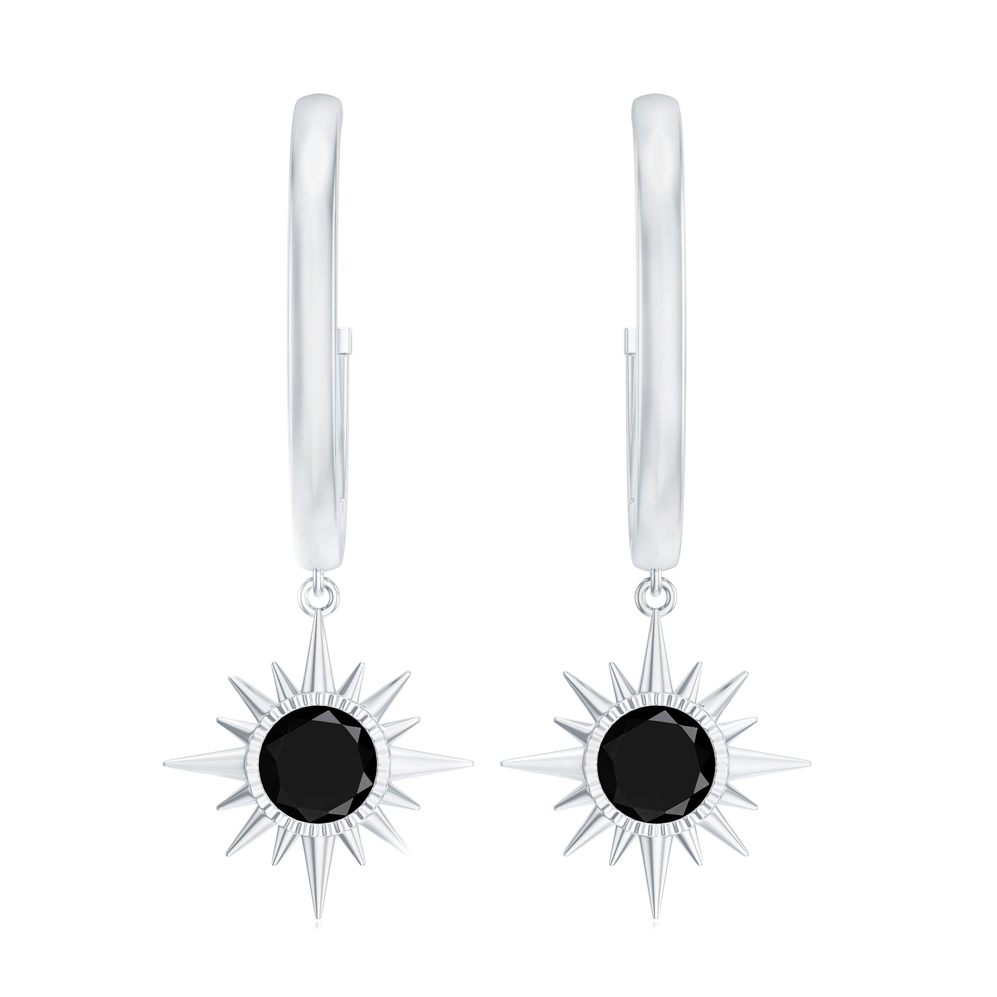 4 MM Round Shape Black Onyx and Gold Sunburst Hoop Drop Earrings For Women Black Onyx - ( AAA ) - Quality - Rosec Jewels