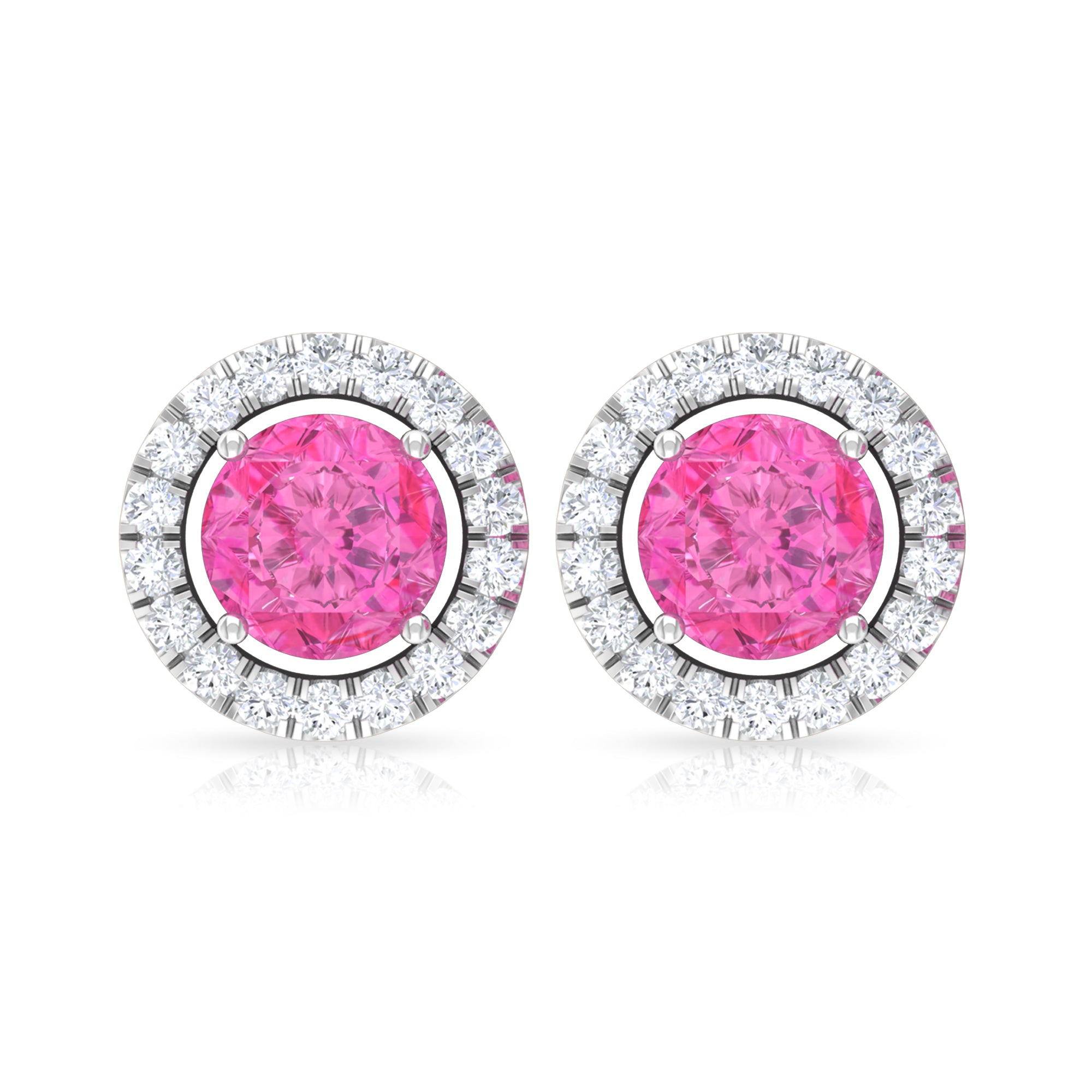 Pink Sapphire and Diamond Halo Stud Earrings Pink Sapphire - ( AAA ) - Quality - Rosec Jewels