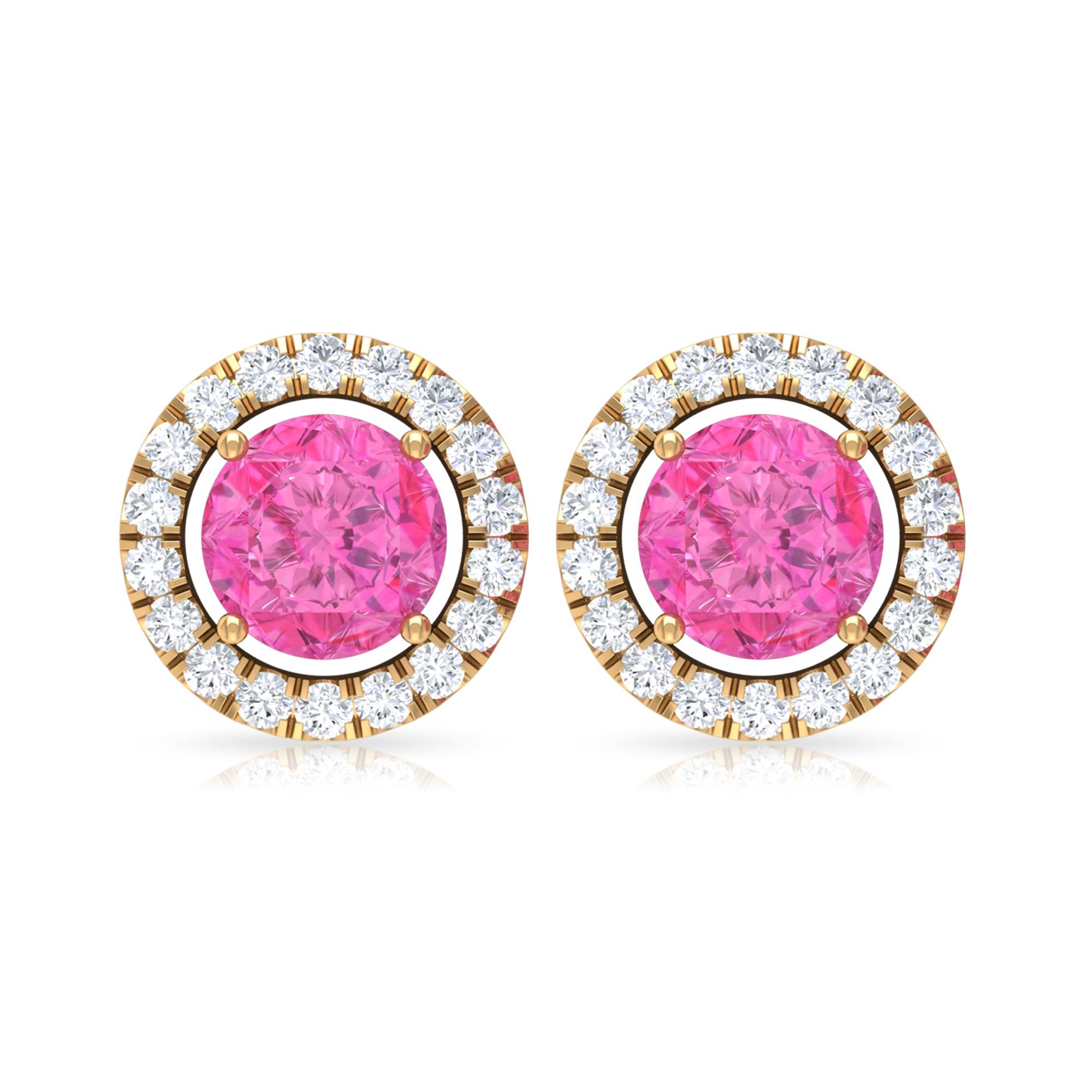 Pink Sapphire and Diamond Halo Stud Earrings Pink Sapphire - ( AAA ) - Quality - Rosec Jewels