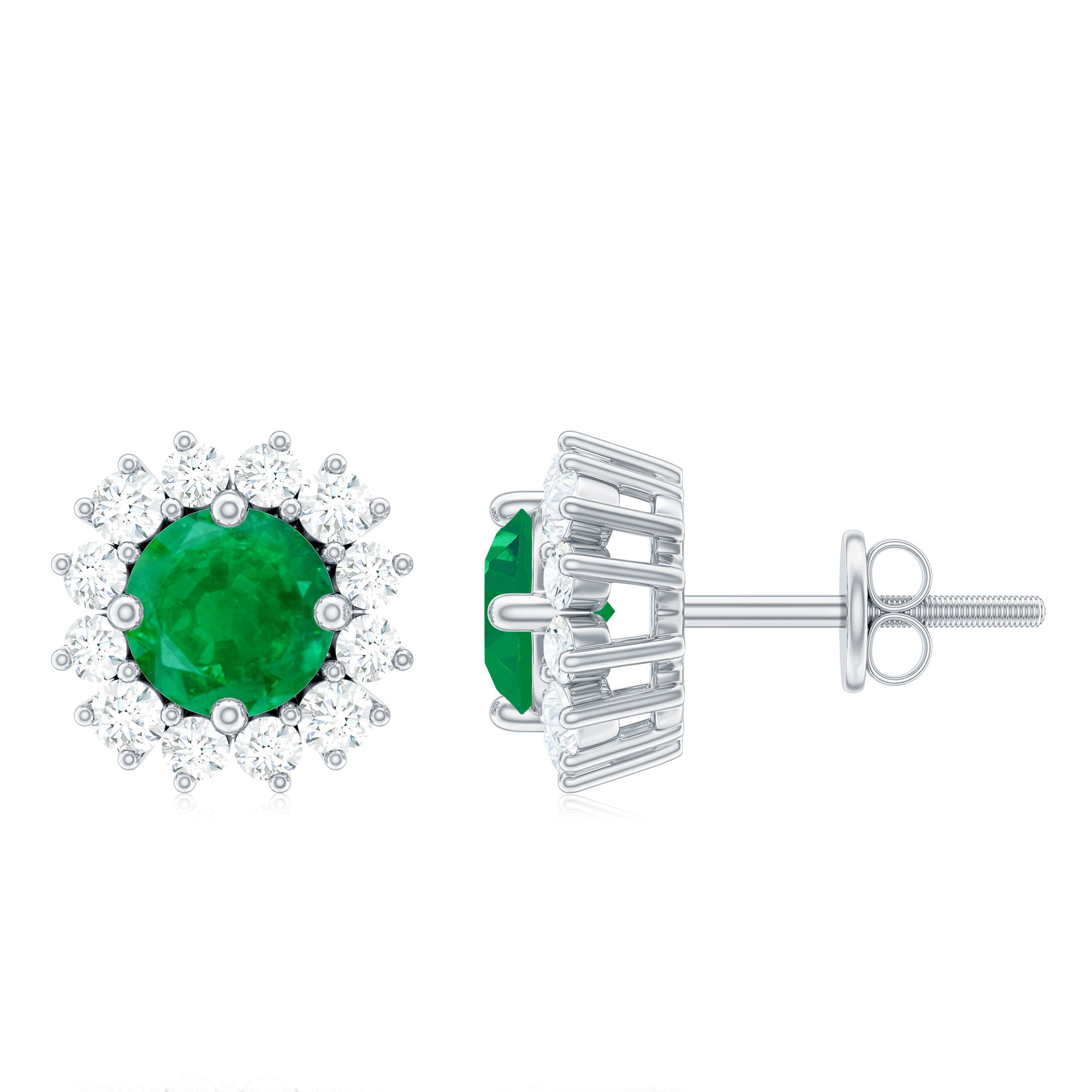 1 CT Emerald and Diamond Halo Stud Earrings Emerald - ( AAA ) - Quality - Rosec Jewels