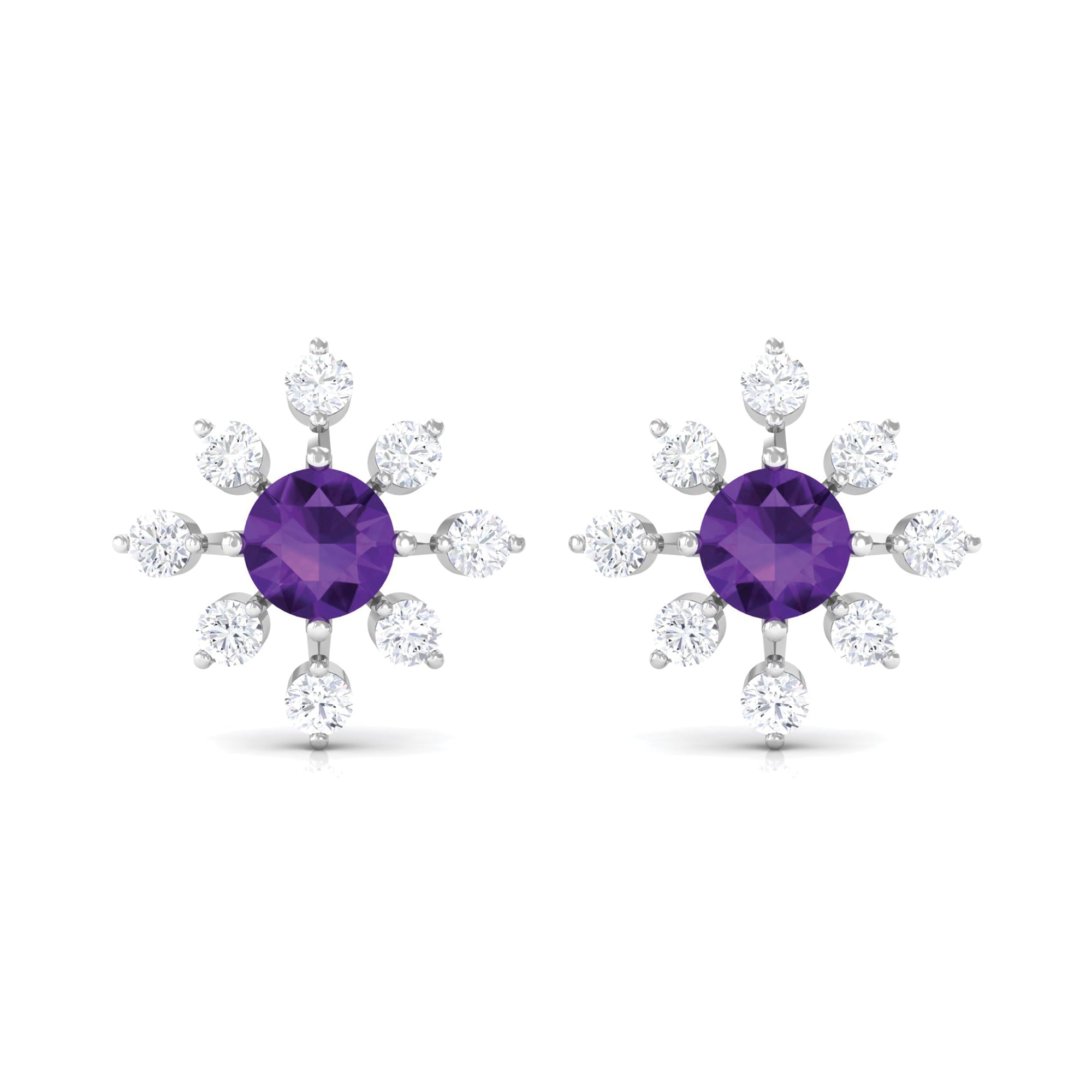 Minimal Amethyst Snowflake Stud Earrings with Diamond Amethyst - ( AAA ) - Quality - Rosec Jewels