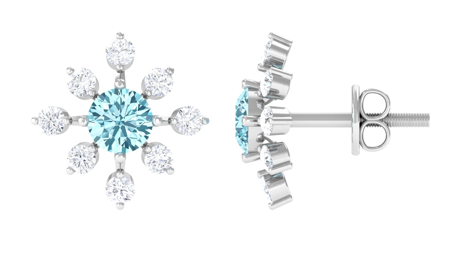 Minimal Snowflake Stud Earrings with Aquamarine and Diamond Aquamarine - ( AAA ) - Quality - Rosec Jewels