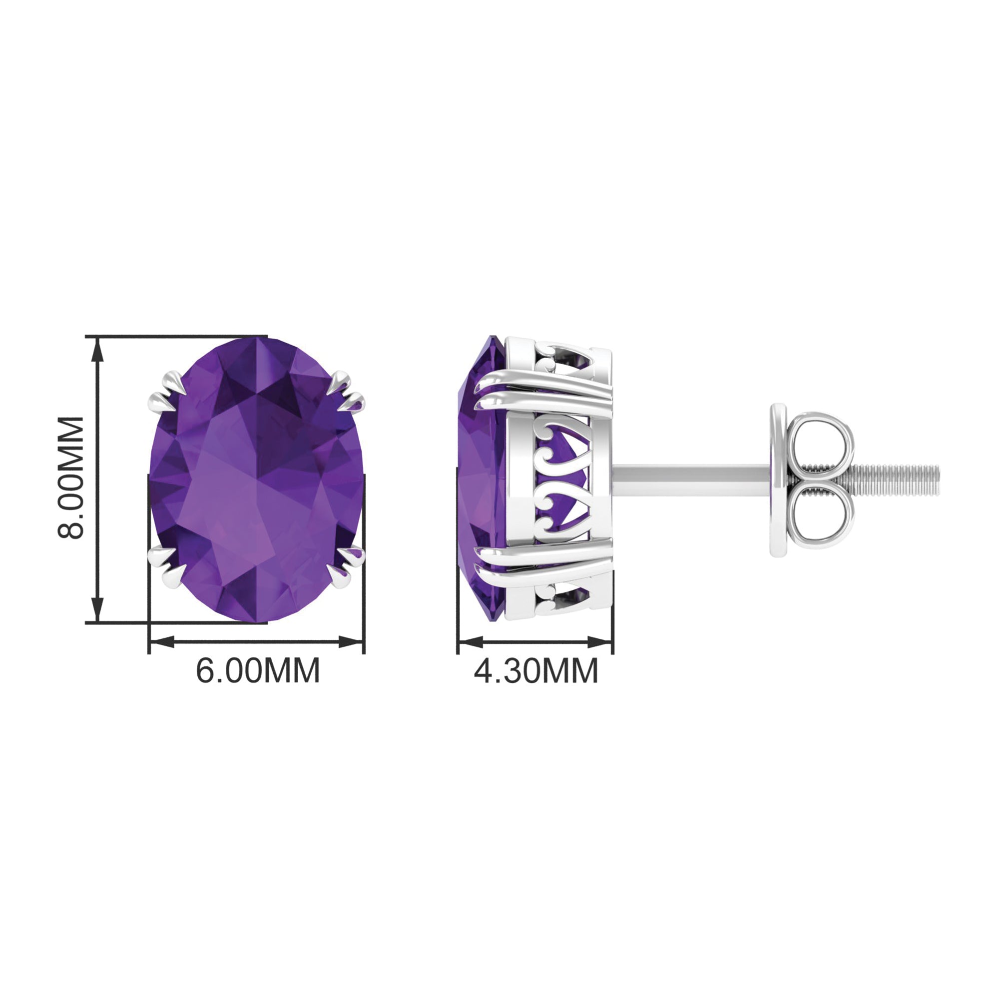 6X8 MM Oval Cut Amethyst Solitaire Stud Earrings in Double Prong Setting Amethyst - ( AAA ) - Quality - Rosec Jewels