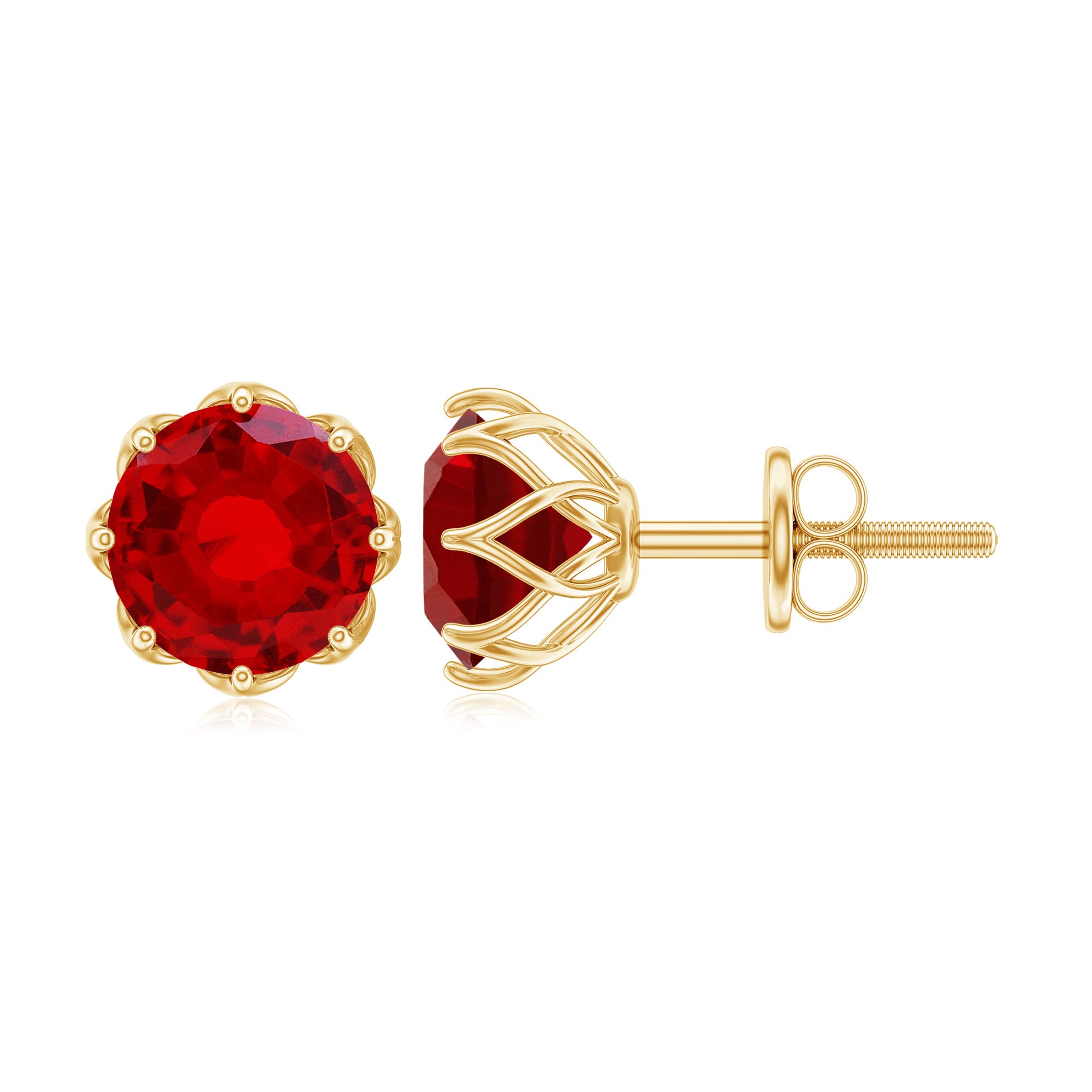 6 MM Decorative Created Ruby Solitaire Stud Earrings Lab Created Ruby - ( AAAA ) - Quality - Rosec Jewels