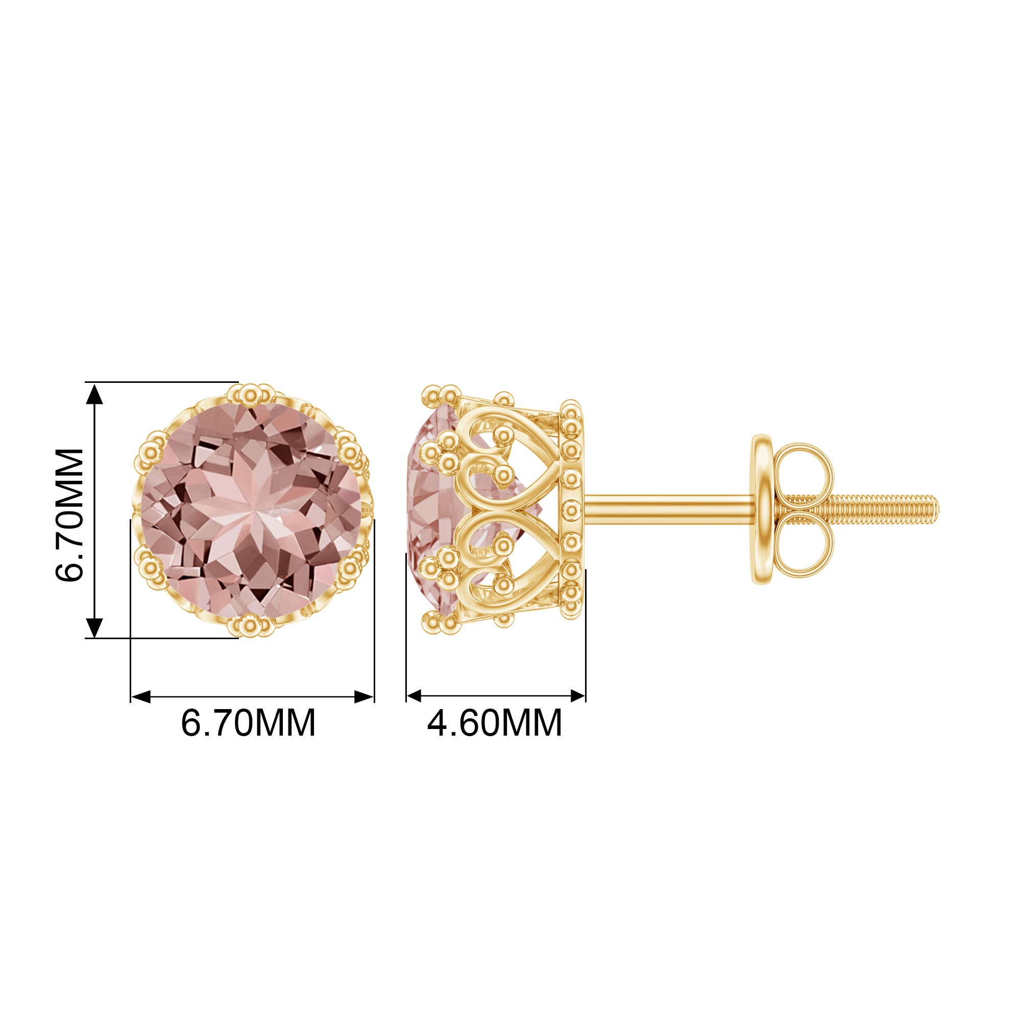 6 MM Crown Set Morganite Solitaire Stud Earrings Morganite - ( AAA ) - Quality - Rosec Jewels