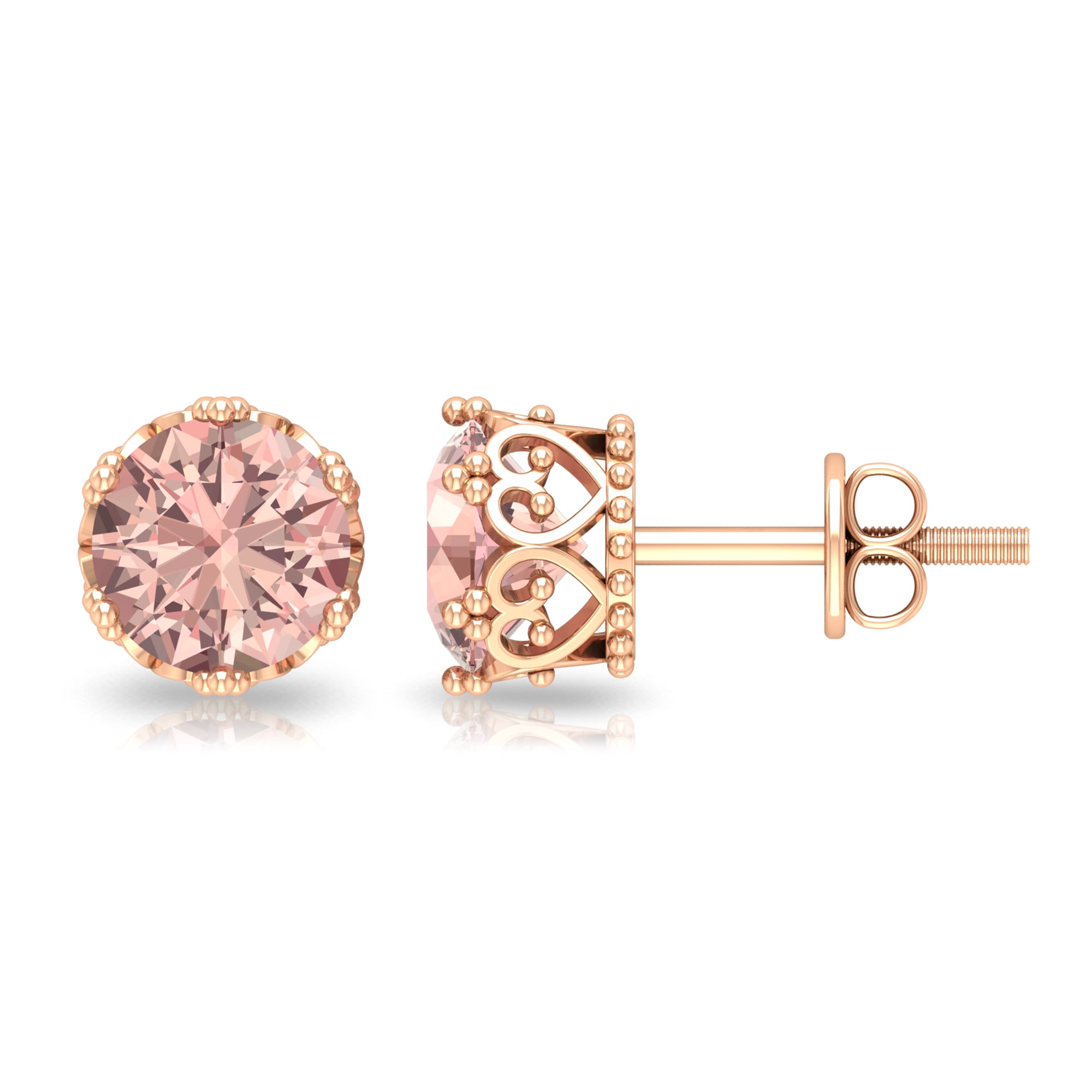 6 MM Crown Set Morganite Solitaire Stud Earrings Morganite - ( AAA ) - Quality - Rosec Jewels