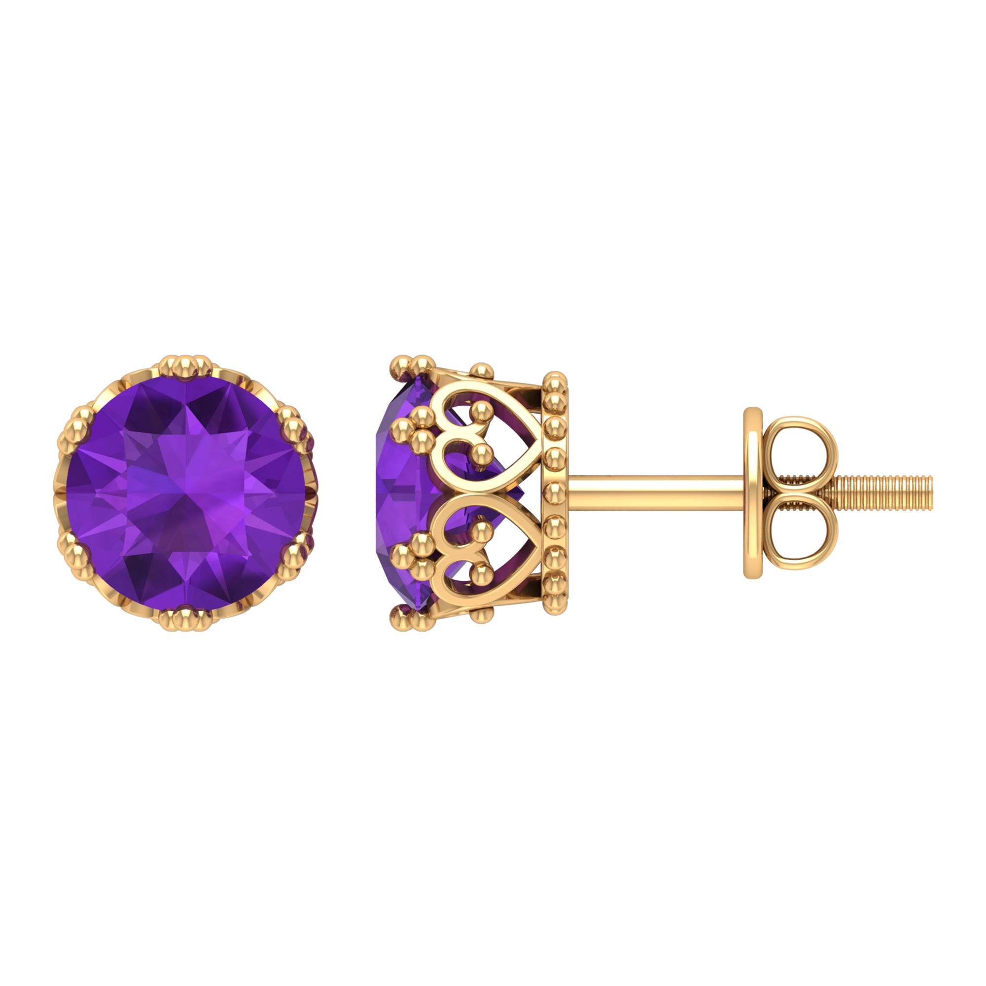 7 MM Round Cut Real Amethyst Solitaire Crown Stud Earrings Amethyst - ( AAA ) - Quality - Rosec Jewels