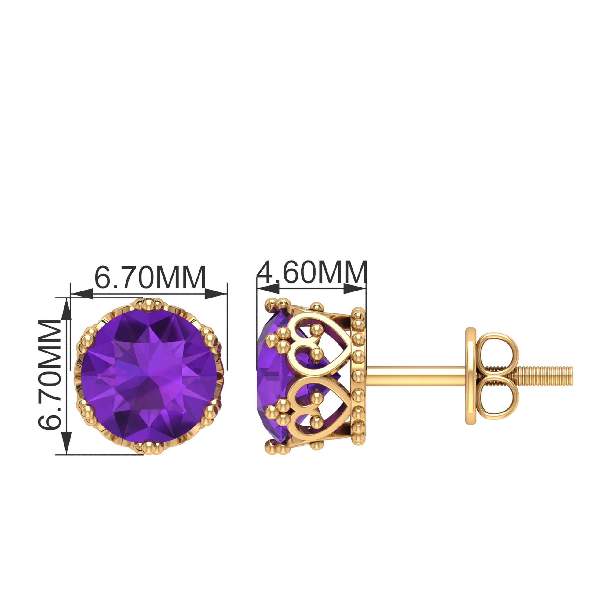 7 MM Round Cut Real Amethyst Solitaire Crown Stud Earrings Amethyst - ( AAA ) - Quality - Rosec Jewels