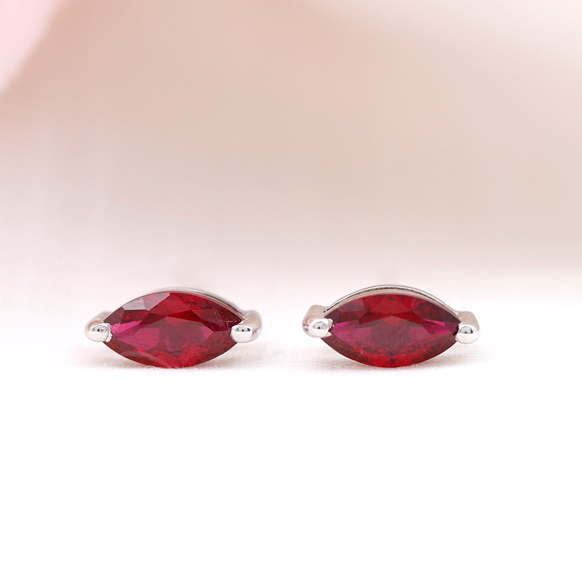 Marquise Shape Created Ruby Solitaire Stud Earrings Lab Created Ruby - ( AAAA ) - Quality - Rosec Jewels