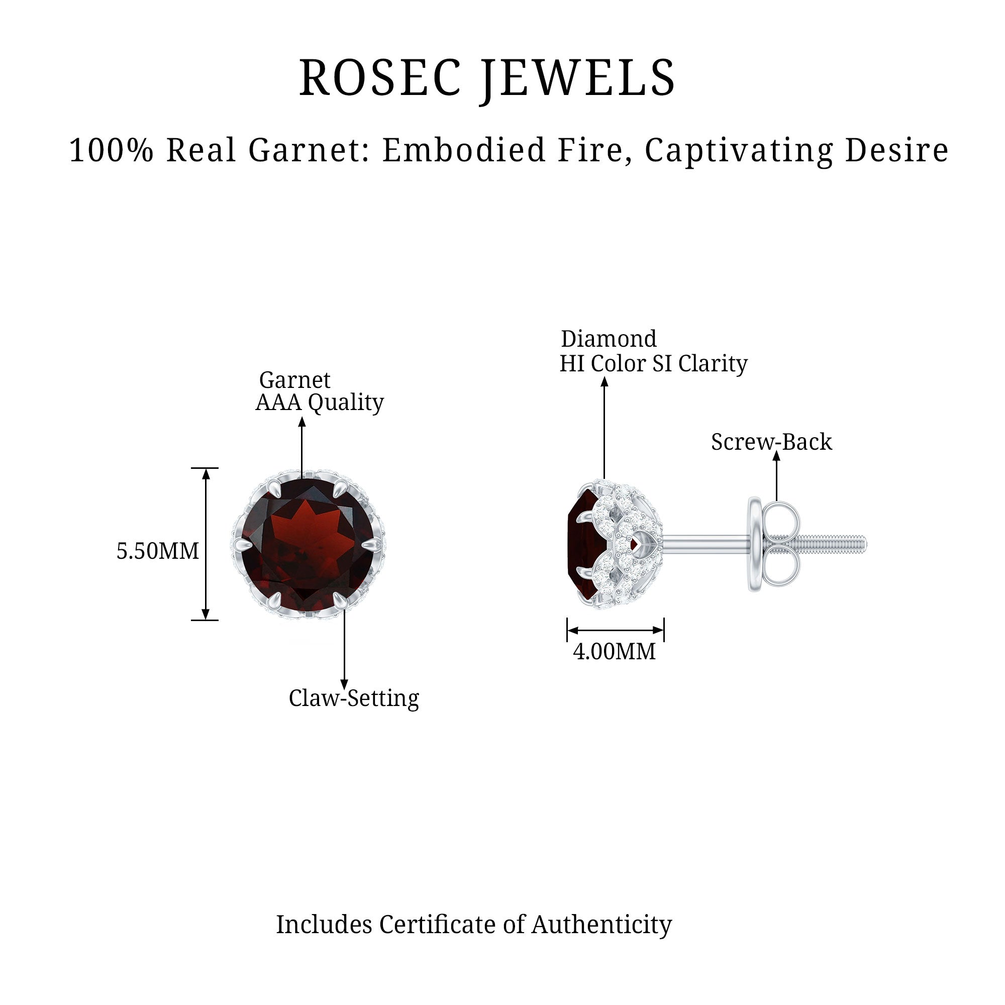 5 MM Garnet Solitaire Stud Earrings with Diamond Accent Garnet - ( AAA ) - Quality - Rosec Jewels