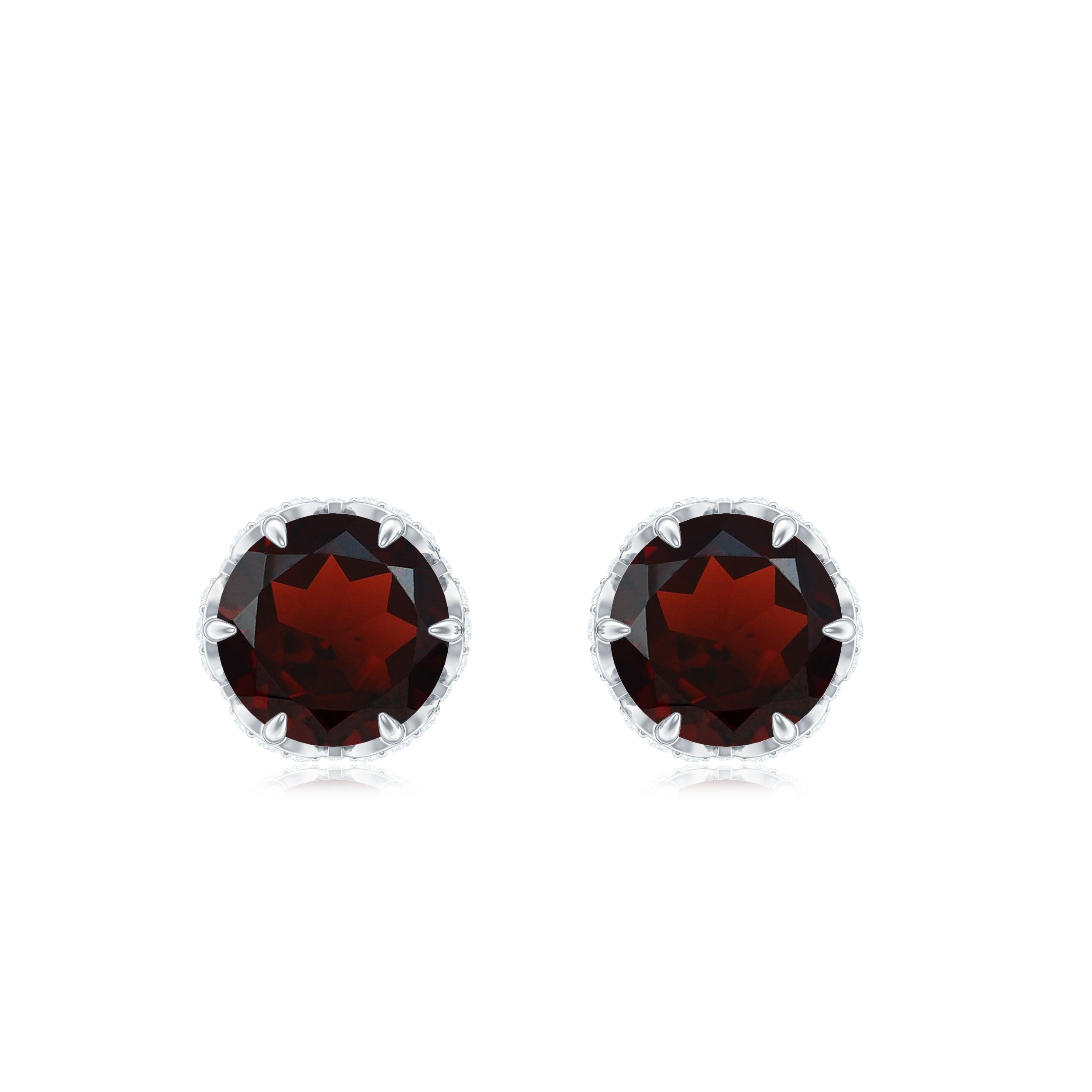 5 MM Garnet Solitaire Stud Earrings with Diamond Accent Garnet - ( AAA ) - Quality - Rosec Jewels