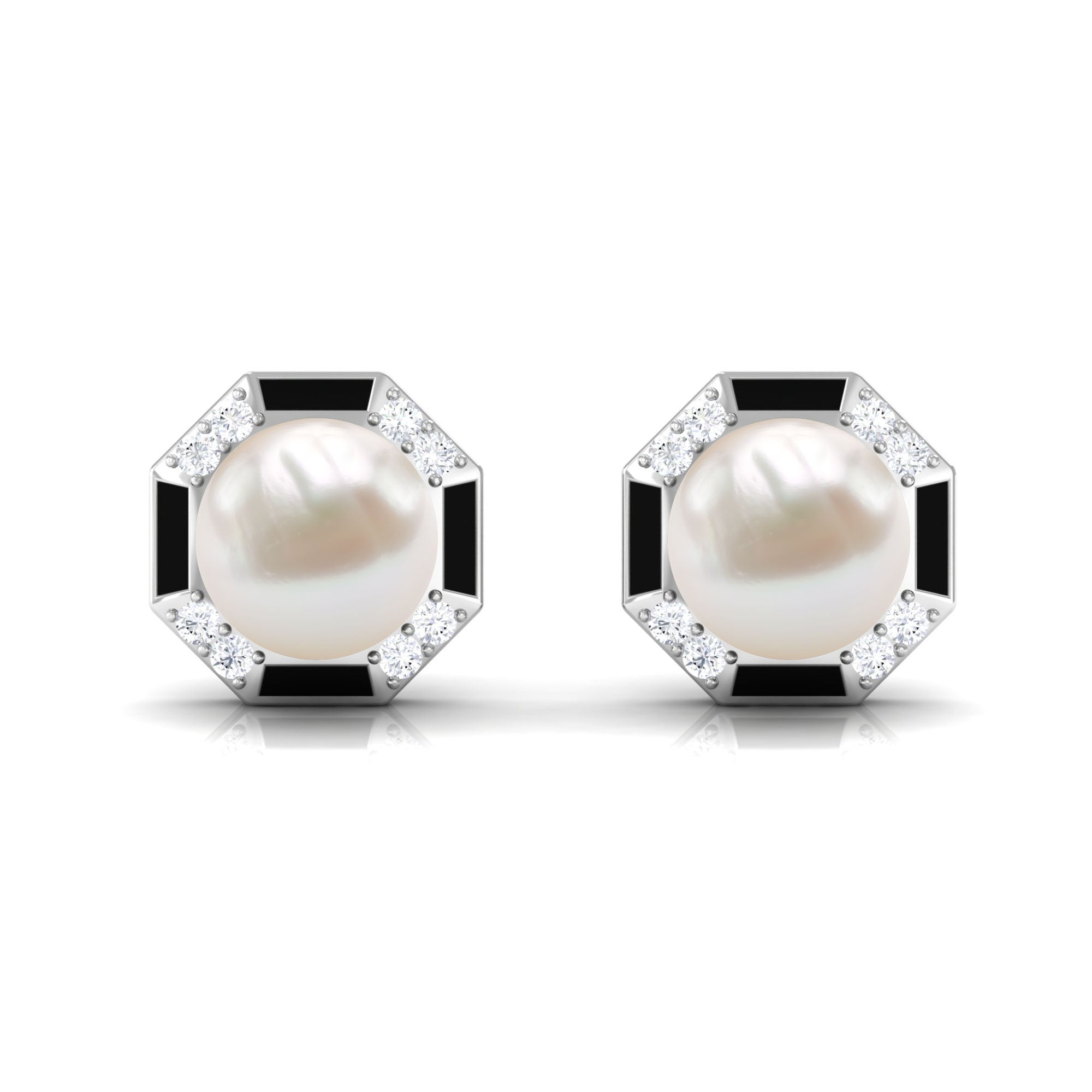 Freshwater Pearl Solitaire Octagon Shape Stud Earrings with Black Enamel Freshwater Pearl - ( AAA ) - Quality - Rosec Jewels