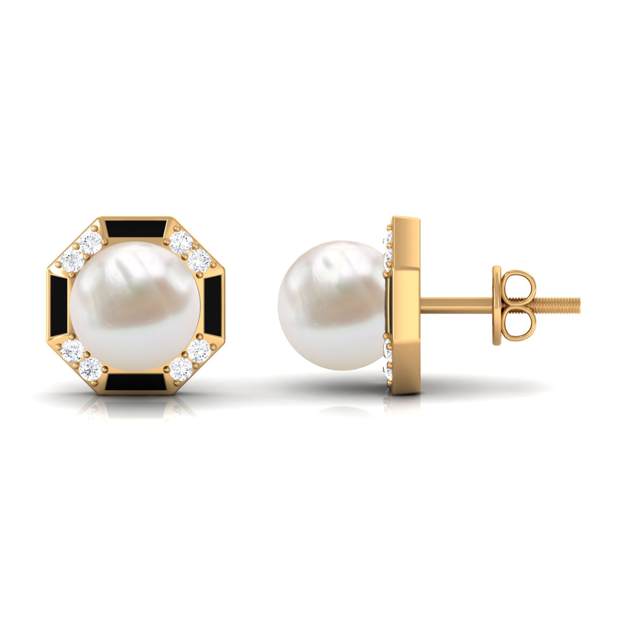 Freshwater Pearl Solitaire Octagon Shape Stud Earrings with Black Enamel Freshwater Pearl - ( AAA ) - Quality - Rosec Jewels