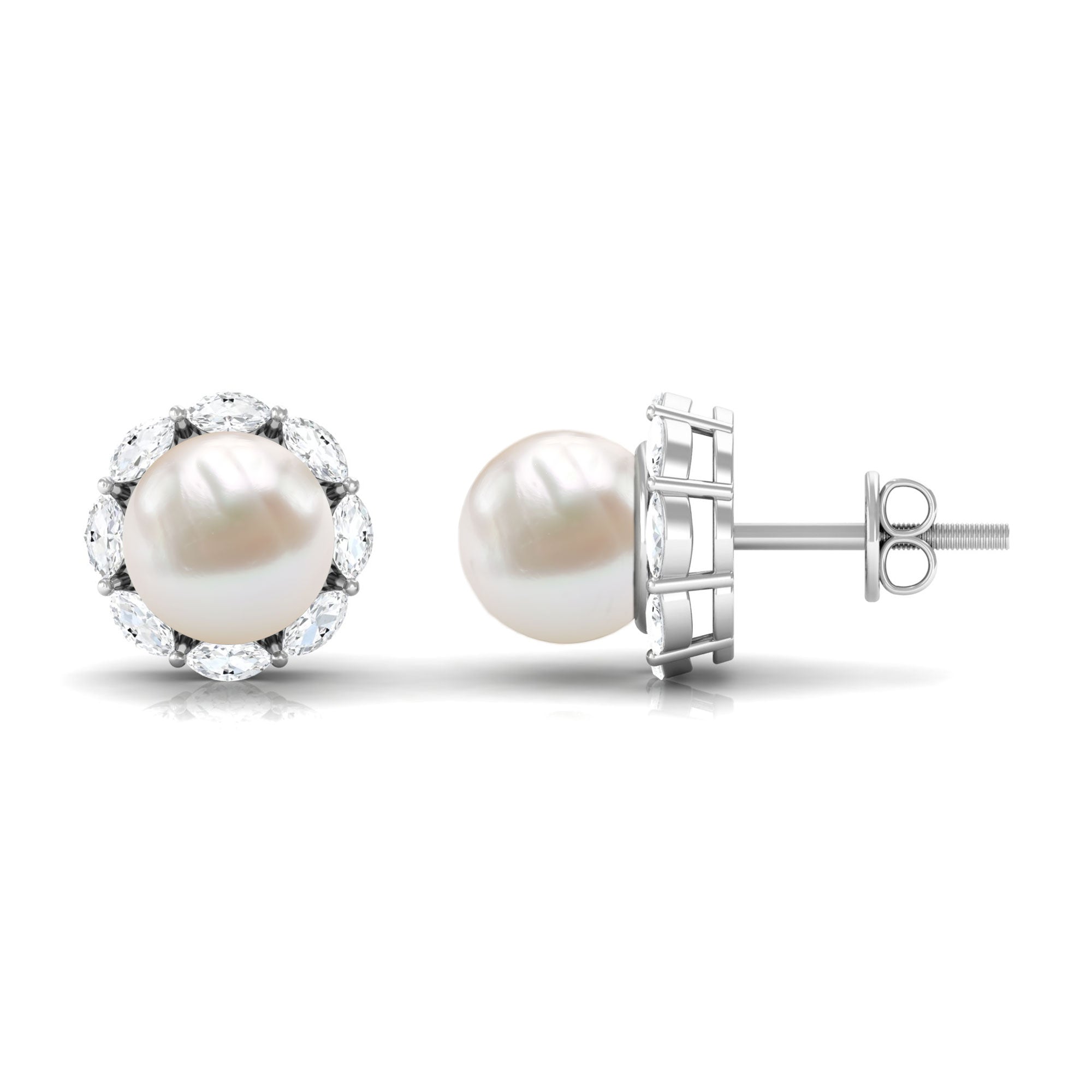 Freshwater Pearl Stud Earrings with Diamond Halo Freshwater Pearl - ( AAA ) - Quality - Rosec Jewels