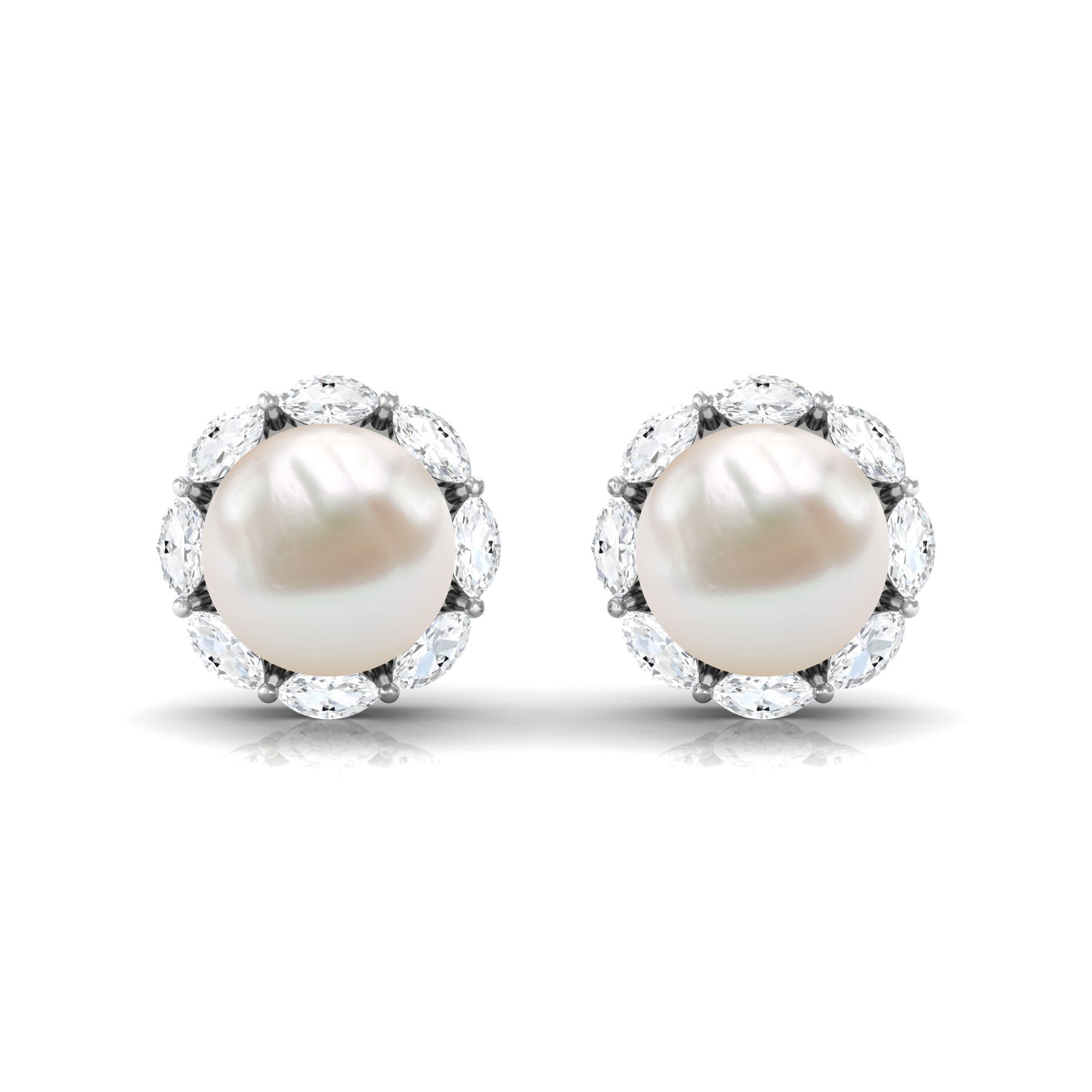 Freshwater Pearl Stud Earrings with Diamond Halo Freshwater Pearl - ( AAA ) - Quality - Rosec Jewels