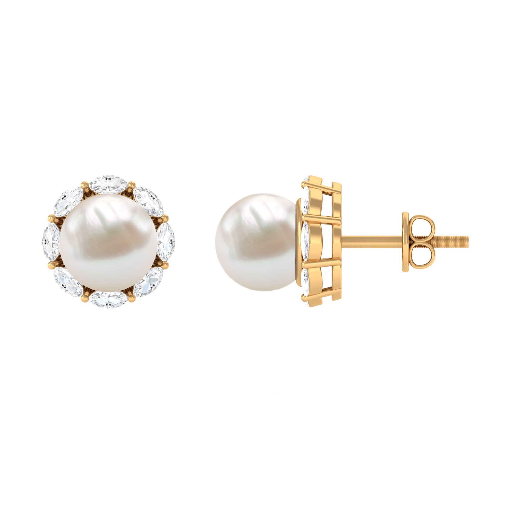 Freshwater Pearl Stud Earrings with Diamond Halo Freshwater Pearl - ( AAA ) - Quality - Rosec Jewels