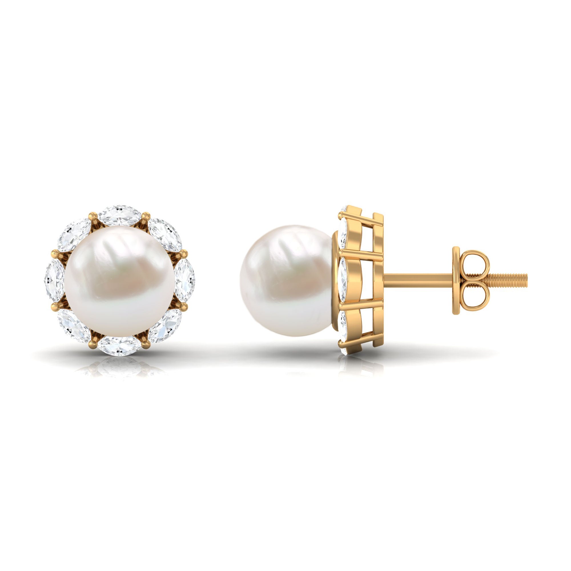 Freshwater Pearl Stud Earrings with Diamond Halo Freshwater Pearl - ( AAA ) - Quality - Rosec Jewels