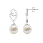 Diamond Leaf and Freshwater Pearl Dangle Drop Earrings Freshwater Pearl - ( AAA ) - Quality - Rosec Jewels