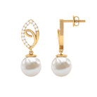 Diamond Leaf and Freshwater Pearl Dangle Drop Earrings Freshwater Pearl - ( AAA ) - Quality - Rosec Jewels