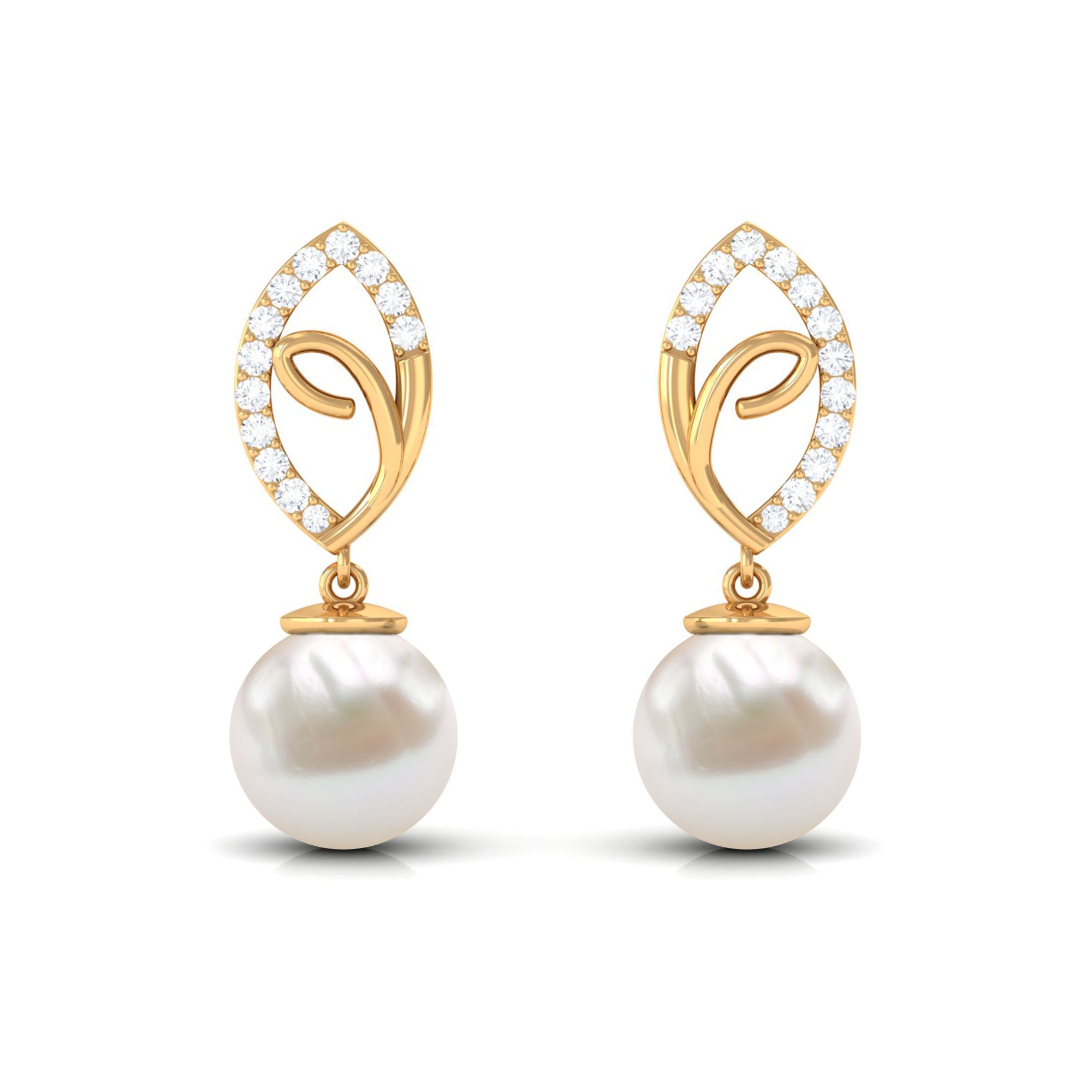 Diamond Leaf and Freshwater Pearl Dangle Drop Earrings Freshwater Pearl - ( AAA ) - Quality - Rosec Jewels