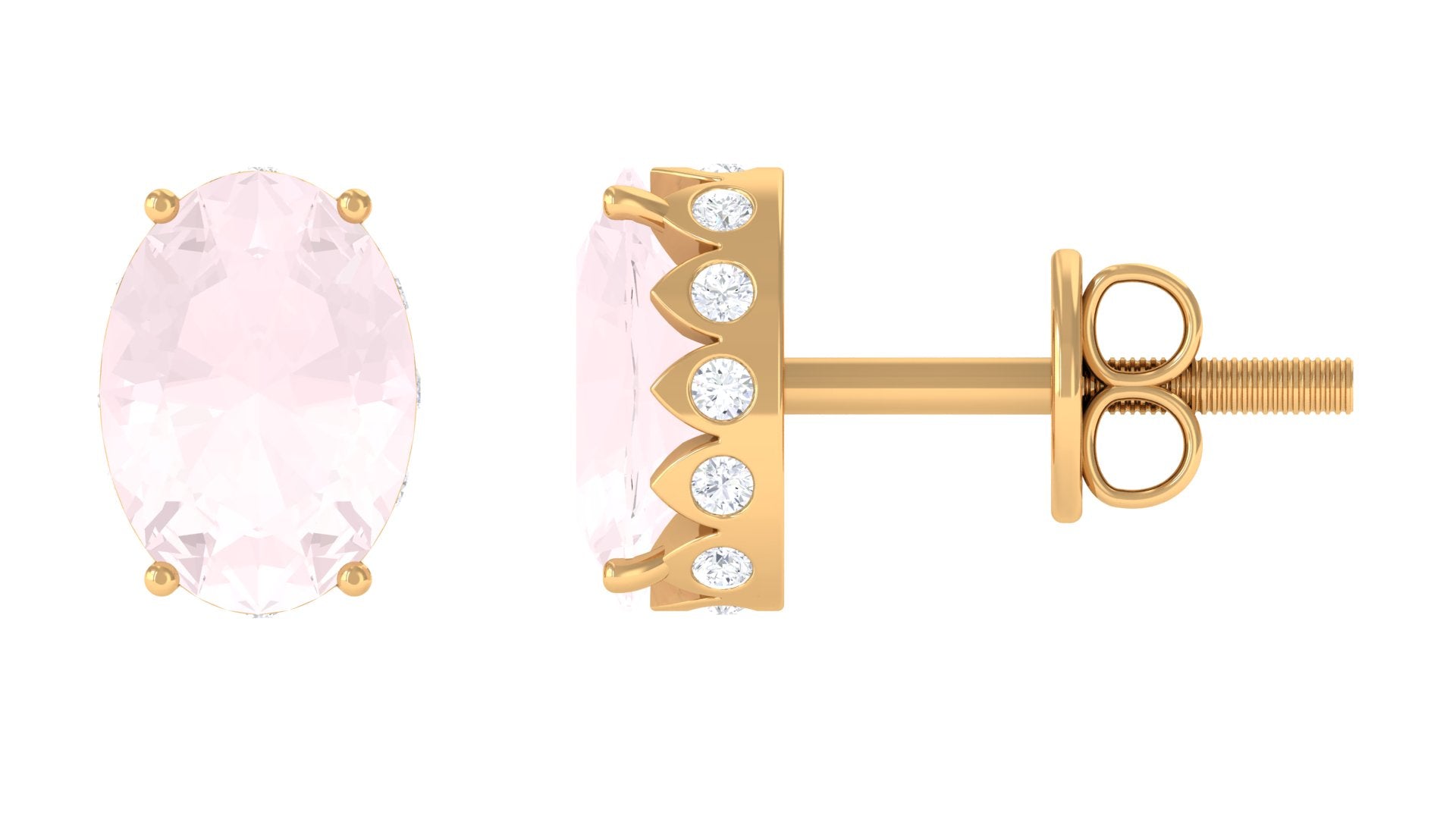 Rose Quartz Oval Stud Earrings with Diamond Rose Quartz - ( AAA ) - Quality - Rosec Jewels