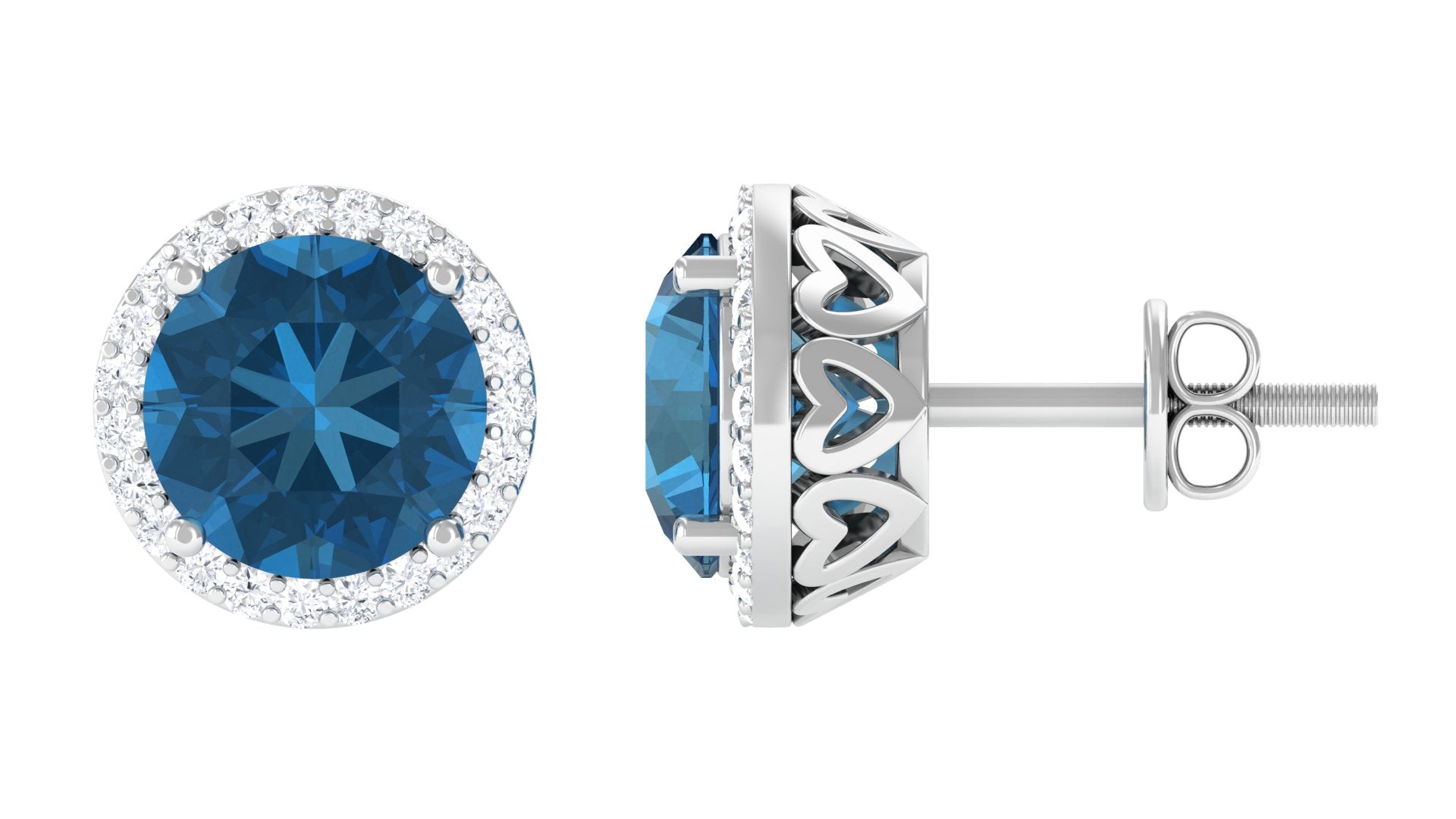 London Blue Topaz Stud Earrings with Diamond Halo London Blue Topaz - ( AAA ) - Quality - Rosec Jewels