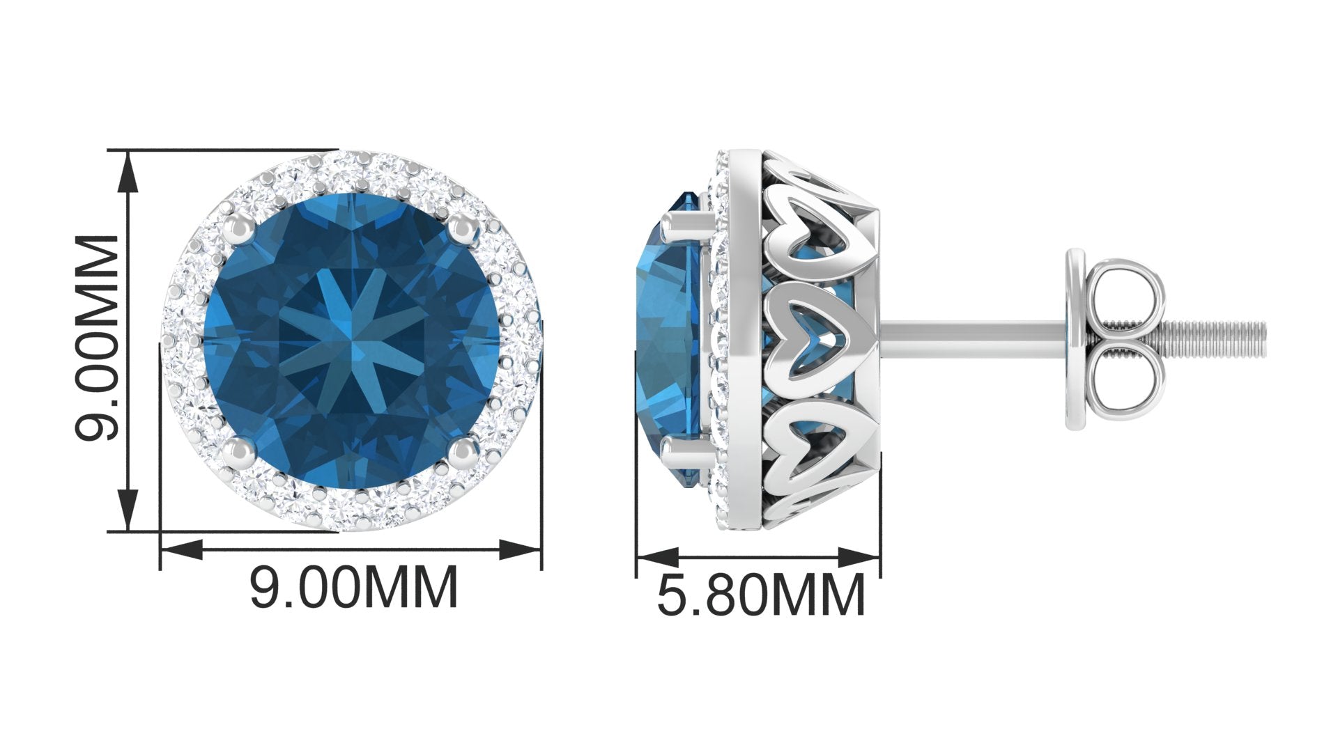 London Blue Topaz Stud Earrings with Diamond Halo London Blue Topaz - ( AAA ) - Quality - Rosec Jewels