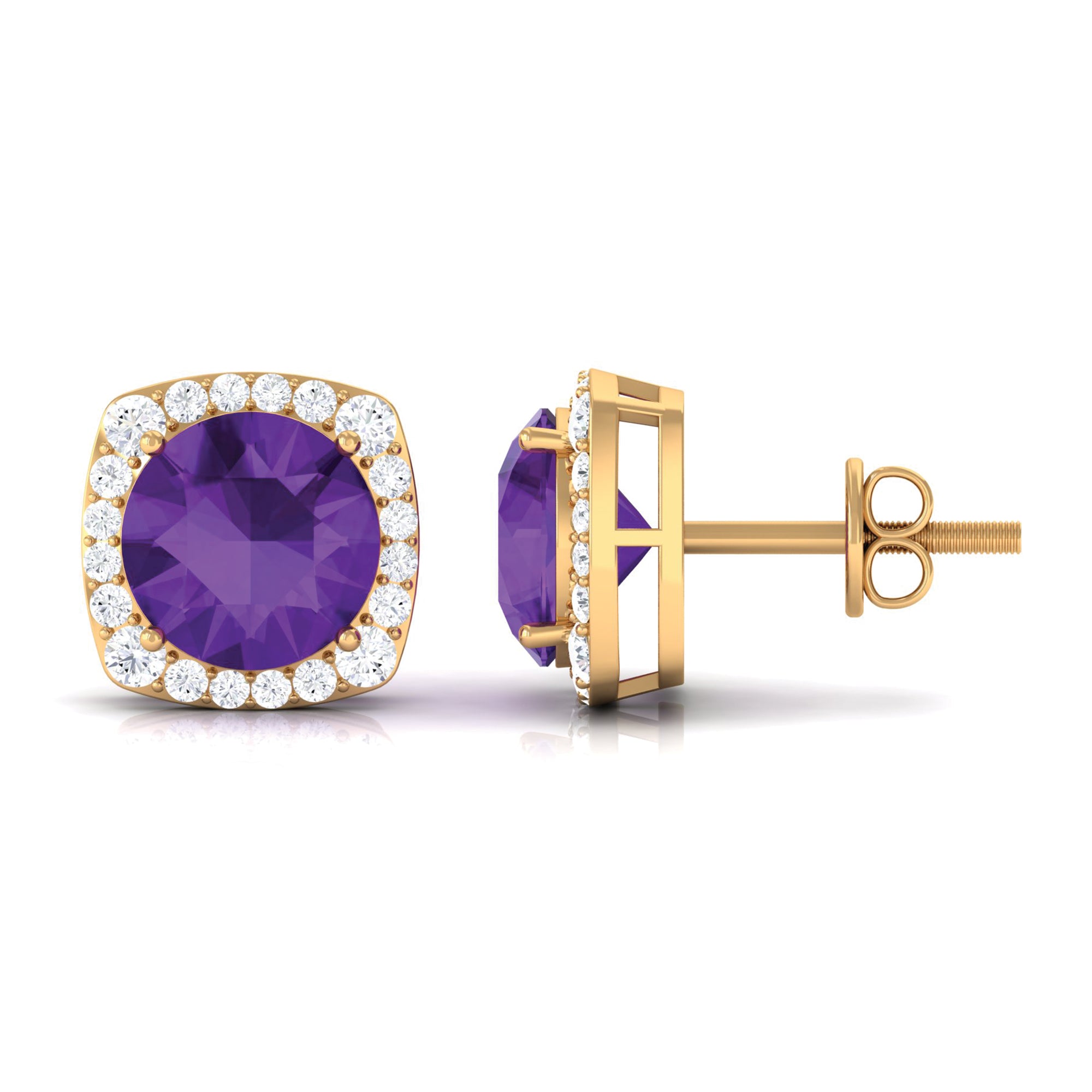 Classic Round Amethyst Halo Stud Earrings with Diamond Amethyst - ( AAA ) - Quality - Rosec Jewels