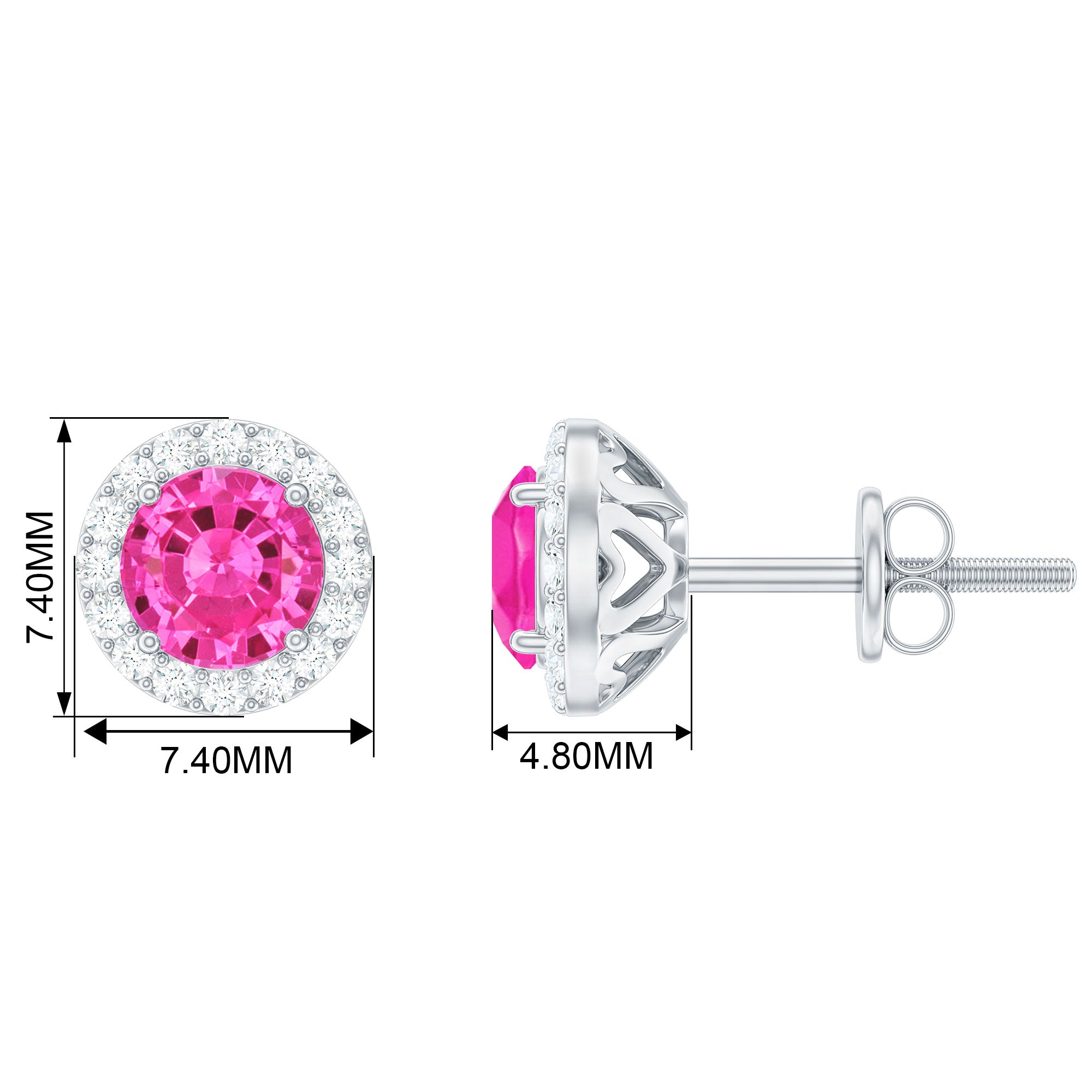 Created Pink Sapphire Screw Back Earrings With Diamond Halo Lab Created Pink Sapphire - ( AAAA ) - Quality - Rosec Jewels