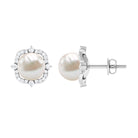 Classic Freshwater Pearl Stud Earrings with Diamond Halo Freshwater Pearl - ( AAA ) - Quality - Rosec Jewels