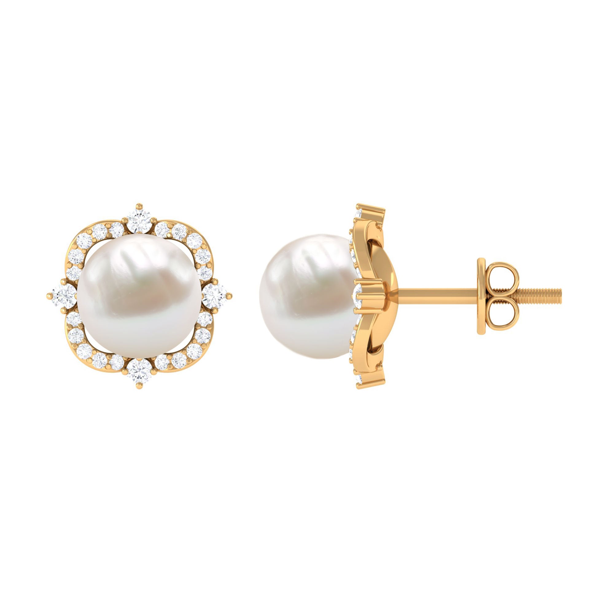 Classic Freshwater Pearl Stud Earrings with Diamond Halo Freshwater Pearl - ( AAA ) - Quality - Rosec Jewels