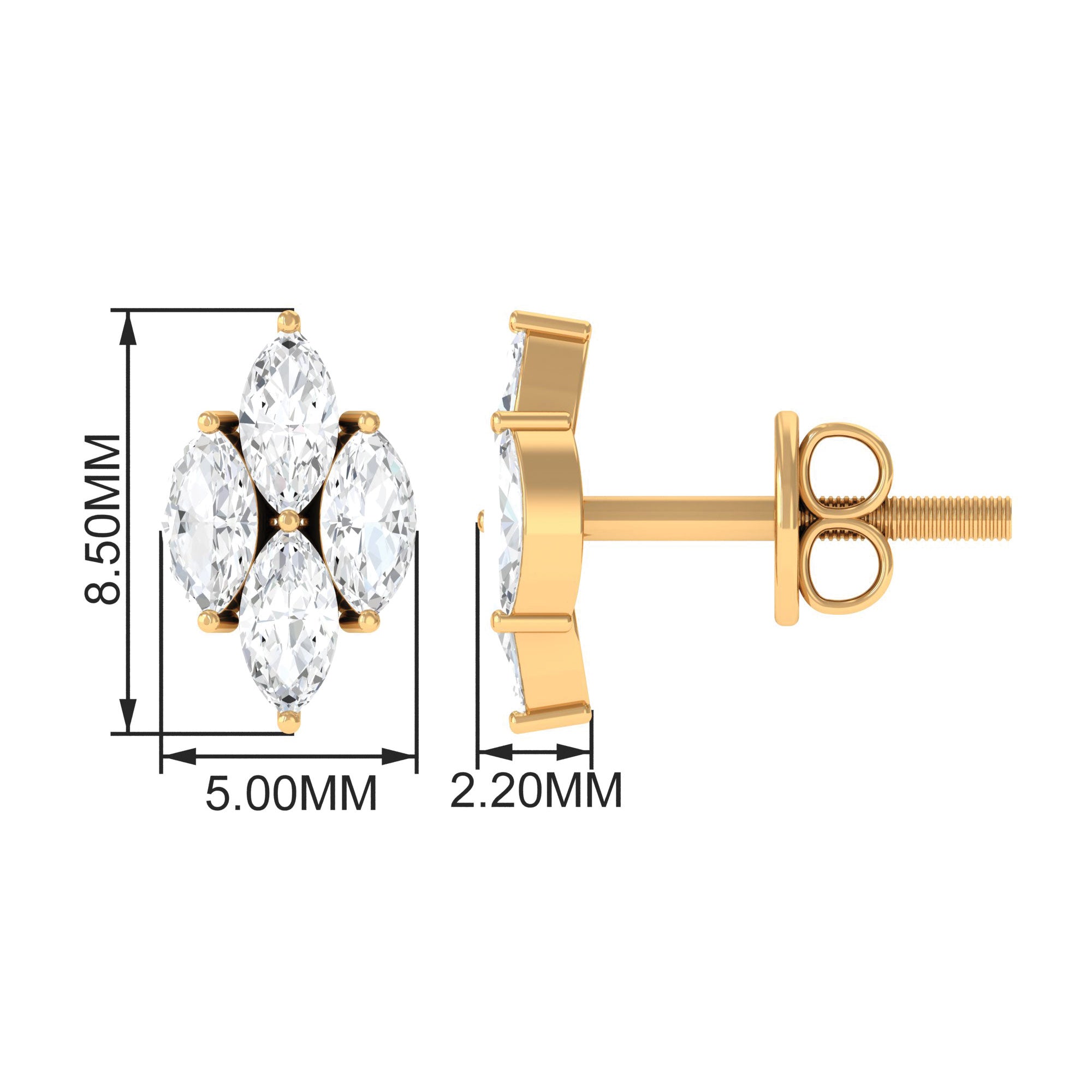 1 CT Marquise Zircon Gold Stud Earrings in Prong Setting Zircon - ( AAAA ) - Quality - Rosec Jewels