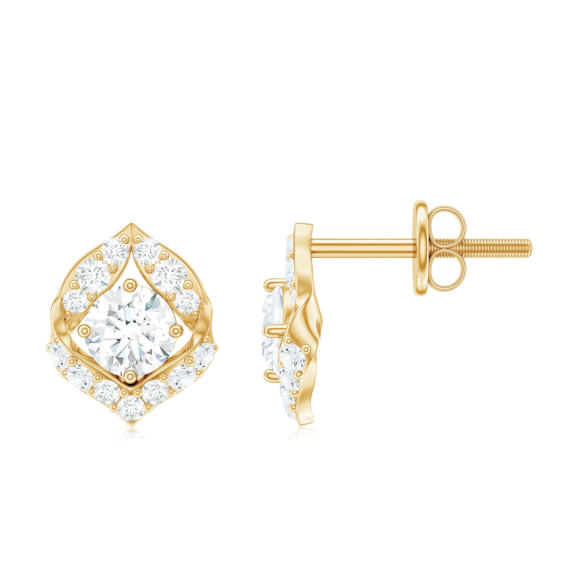 1 CT Cubic Zirconia Gold Petal Stud Earrings Zircon - ( AAAA ) - Quality - Rosec Jewels